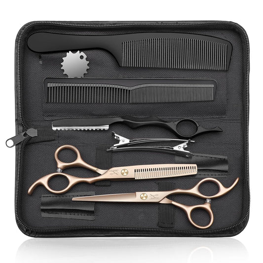 JASON Professional 10-Piece Haircut Scissors Set - 6.7" Thinning/Texturizing Scissors, Straight Shears for Men, Women & Home Salon (30 Teeth, Rosegold)