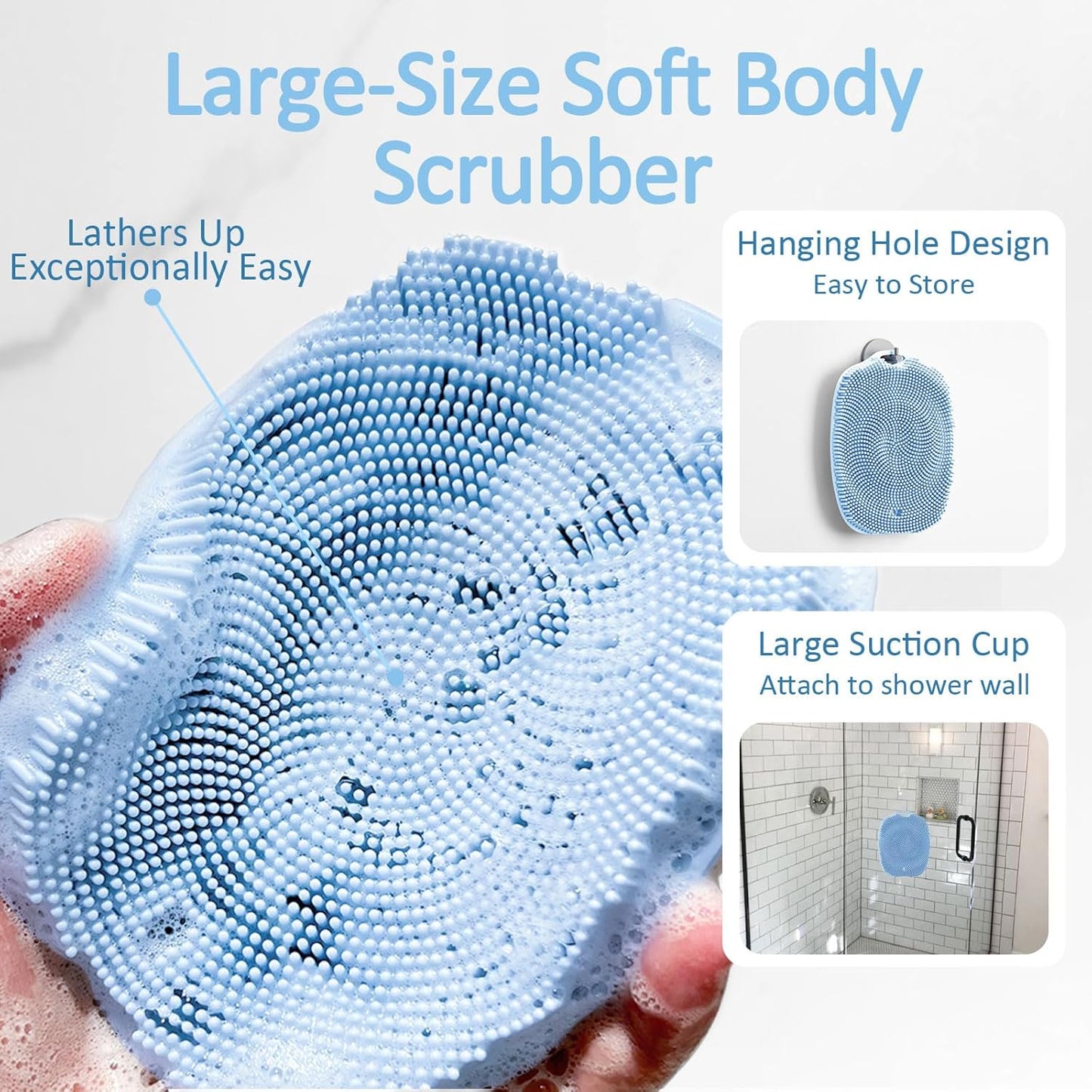 Soft Silicone Body Scrubber Gentle Like a Hand Exfoliating Your Skin and Build Up Lather, Back Large Suction Cup Easy to Store, & Deep Clean (Body Scrubber + Face Scrubber Blue)