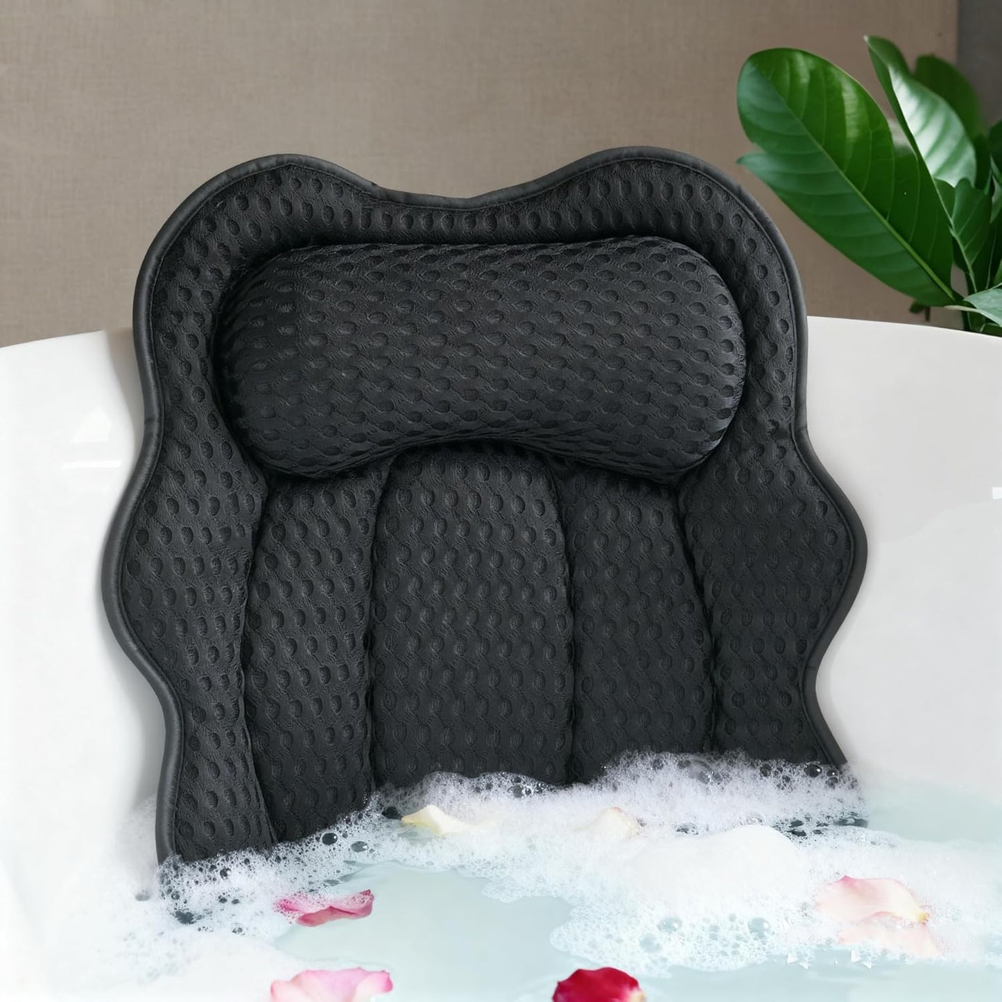 Bath Pillow for Tub, 4D Air Mesh Breathable Fabric, Soft Supportive Bathtub Cushion for Head Neck Back, Ergonomic Spa Pillow with Strong Suction Cups, Quick-Drying, Machine Washable (Black)