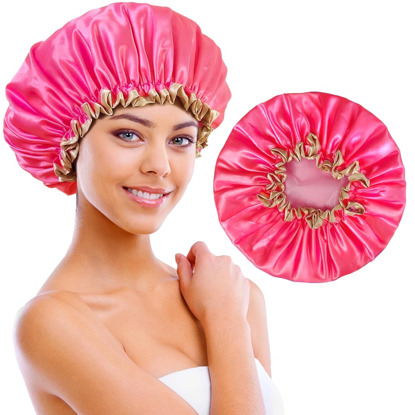 Shower Cap Reusable Waterproof, Large Shower Cap for Women, Shower Caps for Braids Long Hair, Double Layer Satin Plastic Hair Cap for Shower