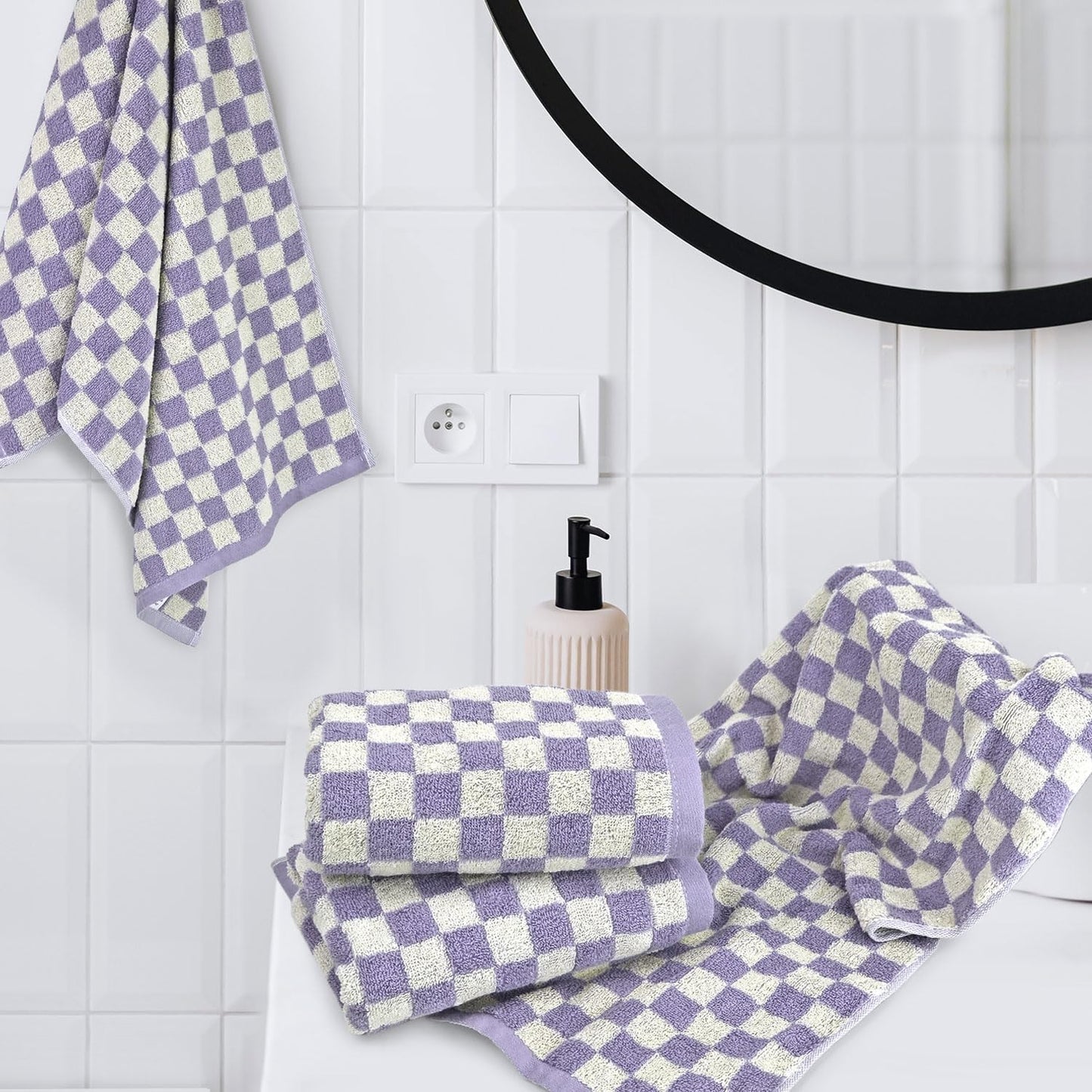 Hand Towel for Bathroom Guest Room Home - 100% Cotton Face Towel Set Lilac Checkered, Extra Soft, Absorbent 4-Piece for Daily Use