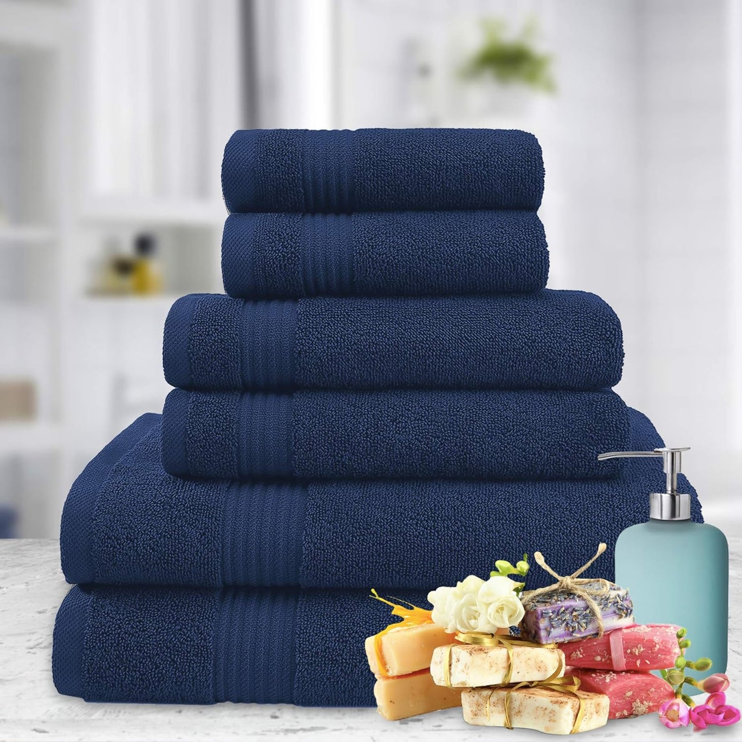 American Veteran Towel, 6 Piece Towel Set for Bathroom, 100% Cotton Turkish Bathroom Towels, 2 Bath Towels 2 Hand Towels 2 Washcloths, Navy Blue