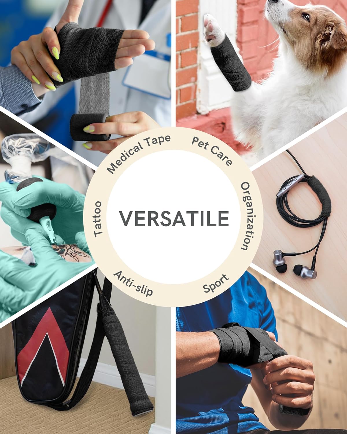 FriCARE Self Adhesive Bandage Wrap, Medical Tape in First Aid Kit, Cohesive Bandages for Wounds Sport Vet, FSA/HSA Eligible, 2 Inches X 5 Yards 6 Rolls, Black