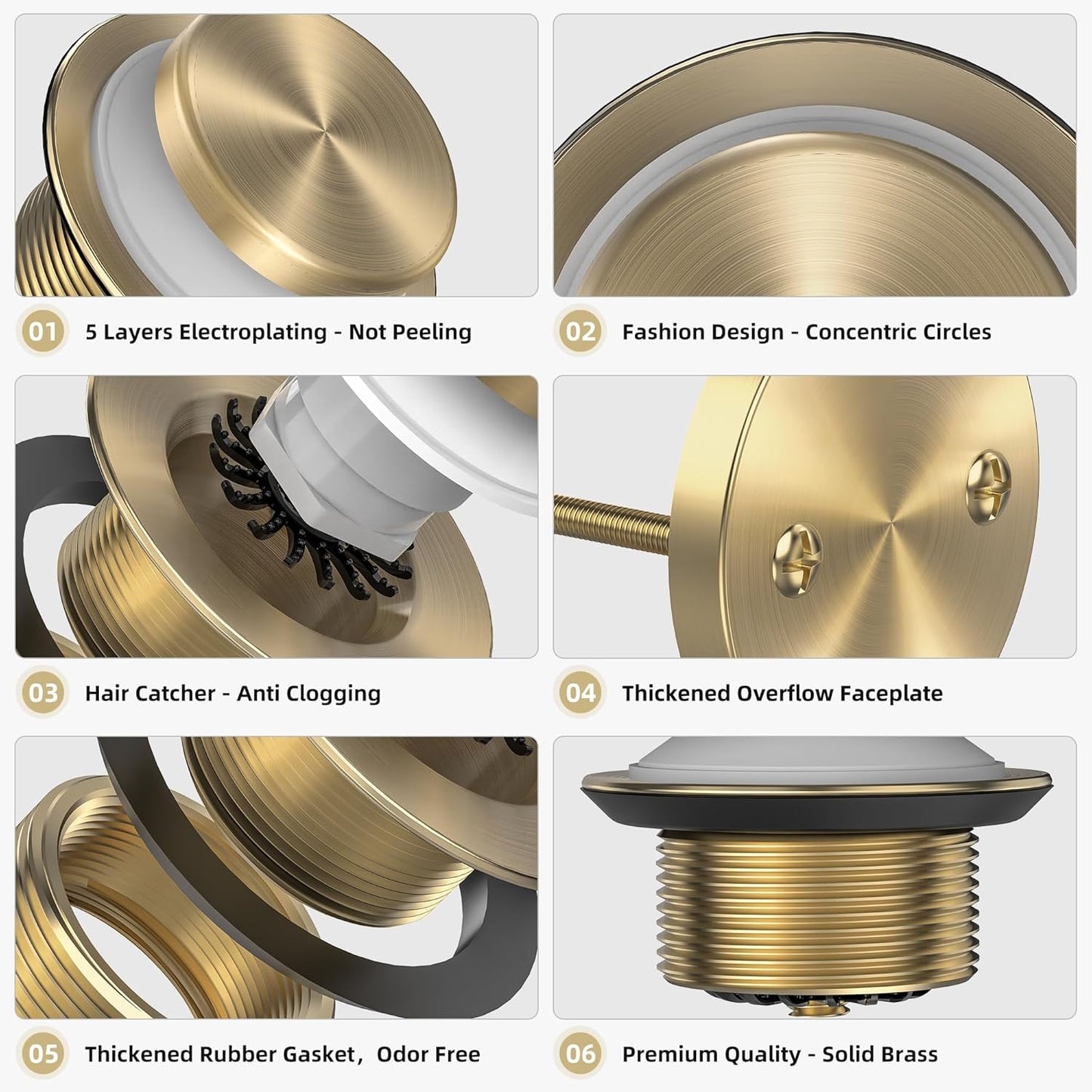 Brushed Gold Tub Drain Kit with Hair Catcher, Premium Brass Tip-Toe Bathroom Tub Drain Replacement and 2-Hole Overflow Faceplate, 11.5/16 UNC Bathtub Drain Stopper Assembly