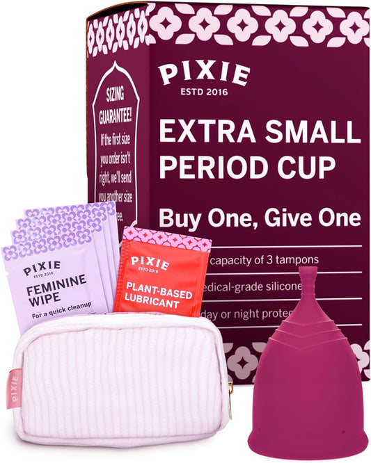 Pixie Menstrual Cup - No Metals or Toxins - Ranked 1 for The Most Soft Reusable Period Cup - Wear 12 Hours - 100% Medical-Grade Silicone - Tampon Alternative - Buy One We Give One - Extra Small