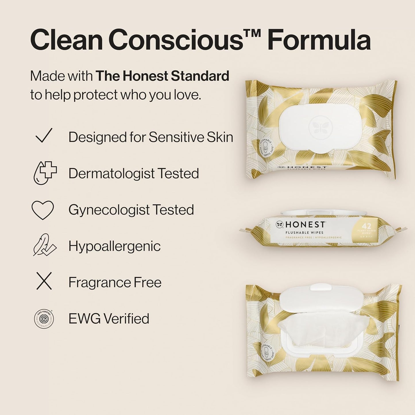 The Honest Company Flushable Wipes for Sensitive Skin | Fragrance Free, Hypoallergenic, 99% Water, Safe to Flush | pH Balanced Feminine Wipes | Gilded Wings, 42 Count