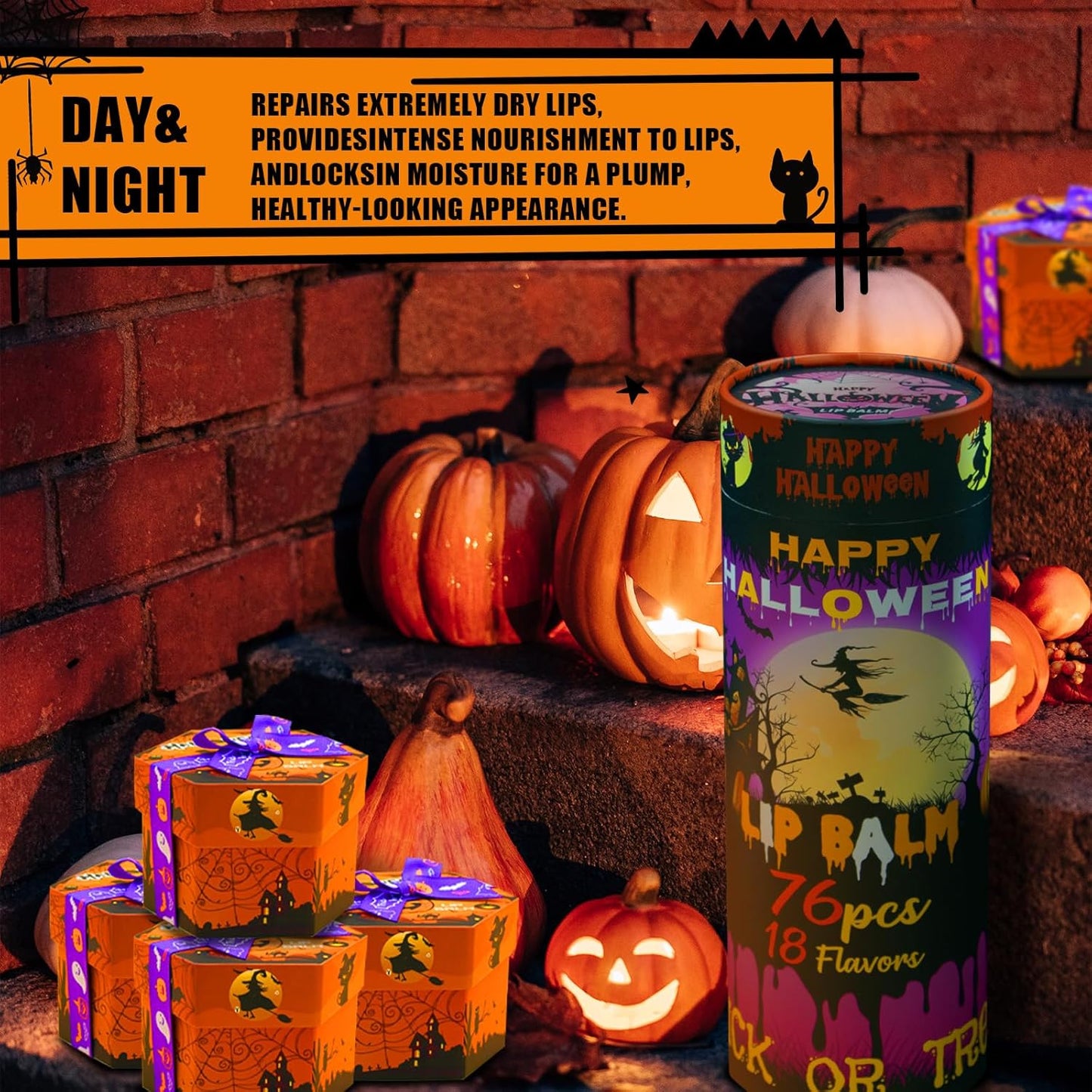 Yopela 76 Pack Halloween Lip Balm Party Favors, Lip Care Set with Vitamin E & Coconut Oil to Moisturize Repair Dry Chap Lips, 18 Flavors,Perfect for Trick-or-Treat Gifts or Goodie Bag Stuffers