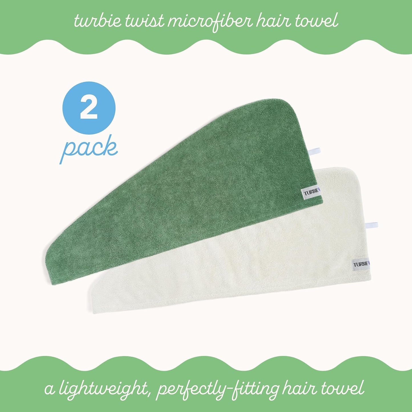 Turbie Twist 2-Pack Microfiber Hair Towel for Beauty, Travel, Gifting - Wrap Turban for Straight, Wavy & Curly Hair - Premium Personal Care - Kashmir & Frosted Mint