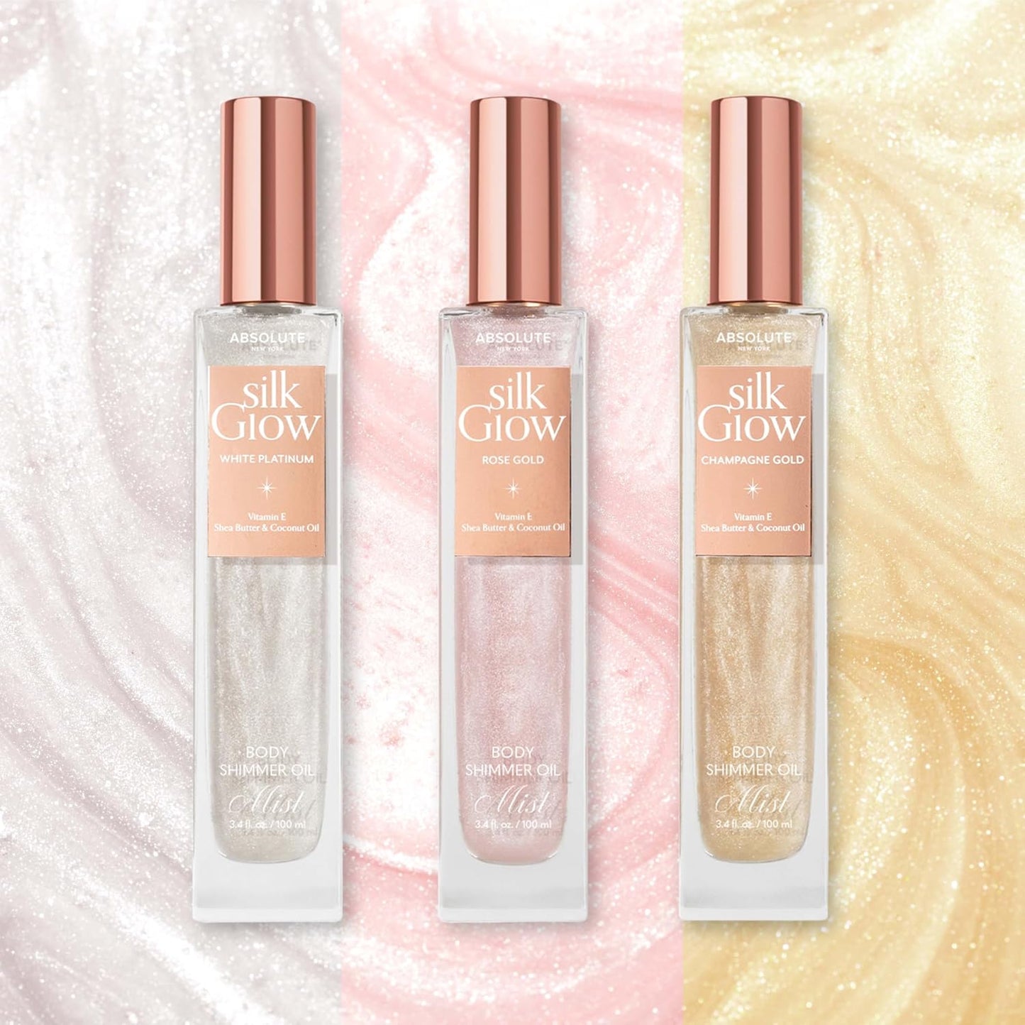 Absolute New York - Silk Glow Shimmer Mist Glow, Radiant, Shimmer Body & Face & Hair, Shea Butter, Coconut Oil, Vitamin E (SBGS02 Rose Gold Mist, 3.4 fl oz)