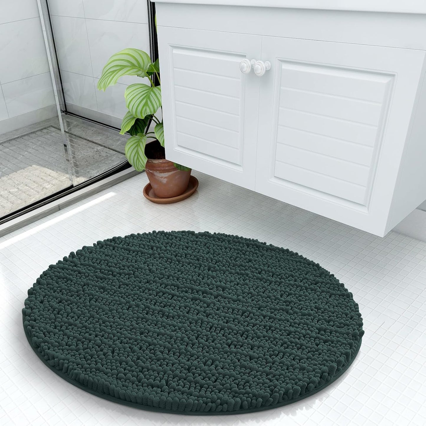 Arotive Luxury Round Chenille Bathroom Rug Mat, Extra Soft Thick Absorbent Shaggy Bath Rugs, Non-Slip Machine Wash Dry Plush Bath Mats for Bathroom, Shower and Tub, 24x24, Dark Green