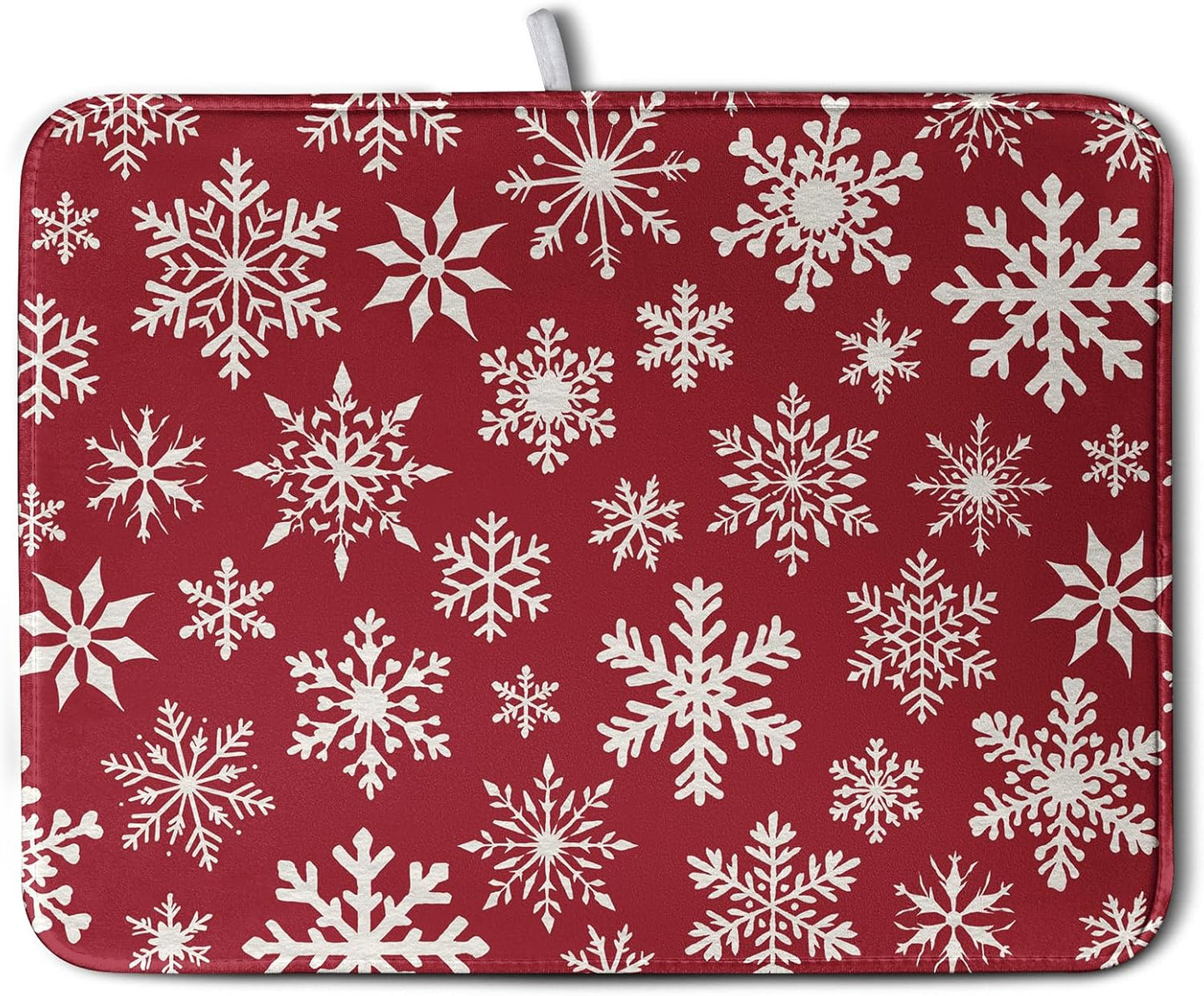 Christmas Snowflakes Dish Drying Mat for Kitchen Counter 18x24 Inch Red White Winter Xmas Pattern Dish Drying Pad for Dishes Microfiber Absorbent Dish Drainer Rack Mats for Countertop