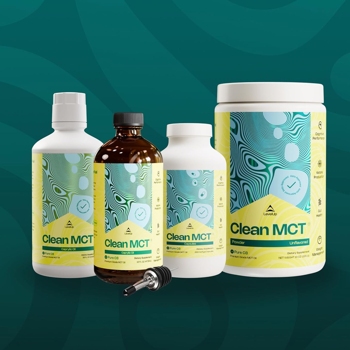 LevelUp Clean MCT Oil - 100% Caprylic C8 for Energy, Focus, Weight Management, Gut Health, Brain Superfuel - Keto Supplement for Ketogenic Coffee and Ketones - Non-GMO (16 oz Glass Bottle)