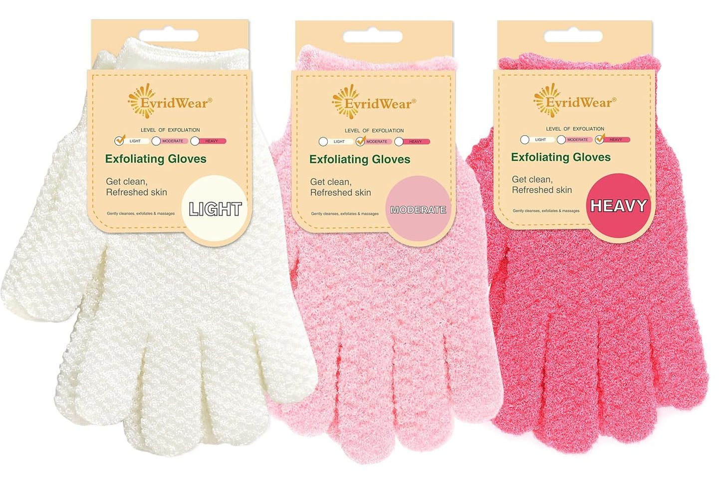Evridwear Exfoliating Gloves for Shower, 100% Nylon Thick Soft Medium Heavy Bathing Gloves Dead Skin Remover Body Scrubber Smooth Skin with Hang Loop, 3 Pairs