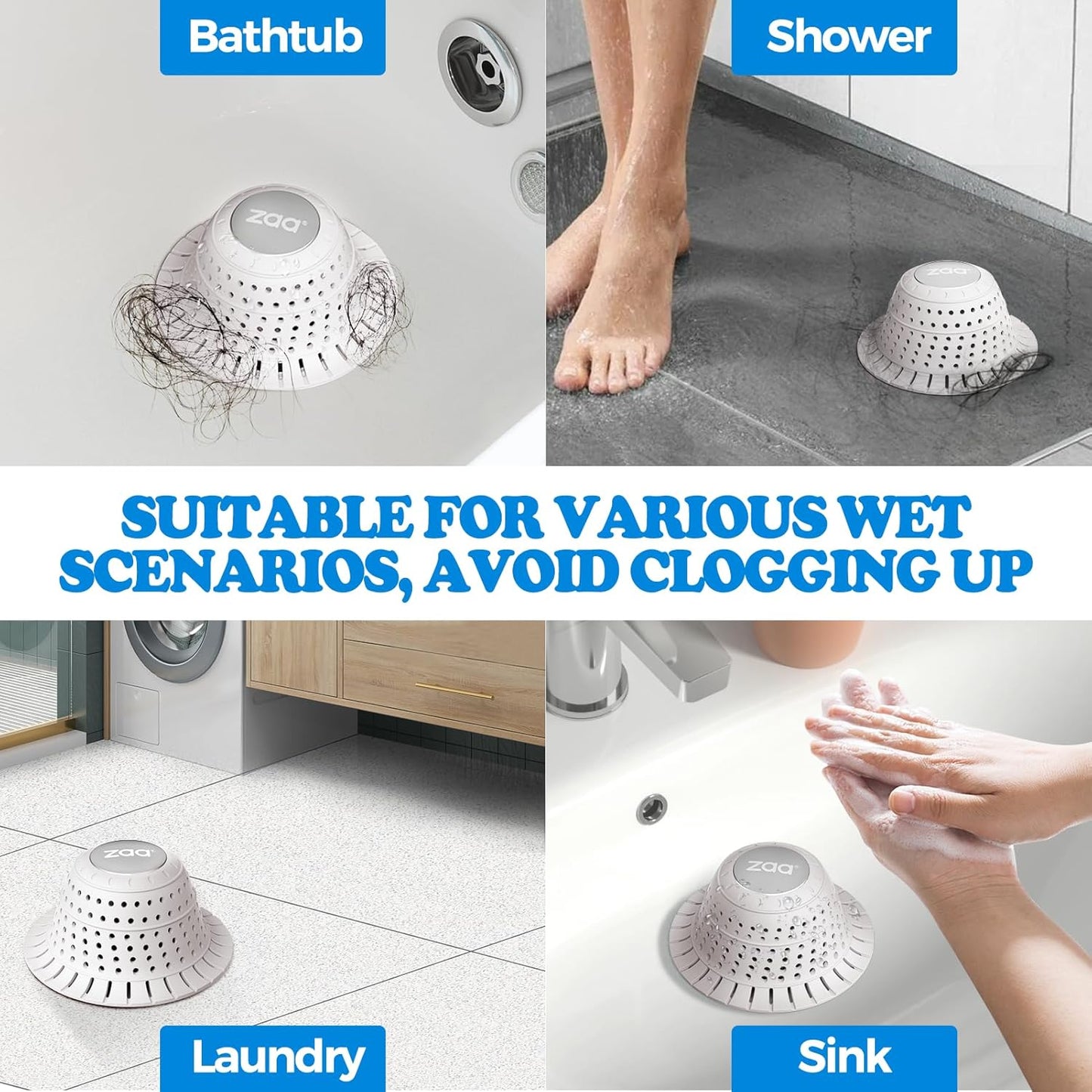 zaa Bathtub Drain Hair Catcher, Silicone Collapsible 1 Pack Drain Protector for Pop-Up and Regular Drains of Shower, Tub, Bathroom, Sink, Snow-White