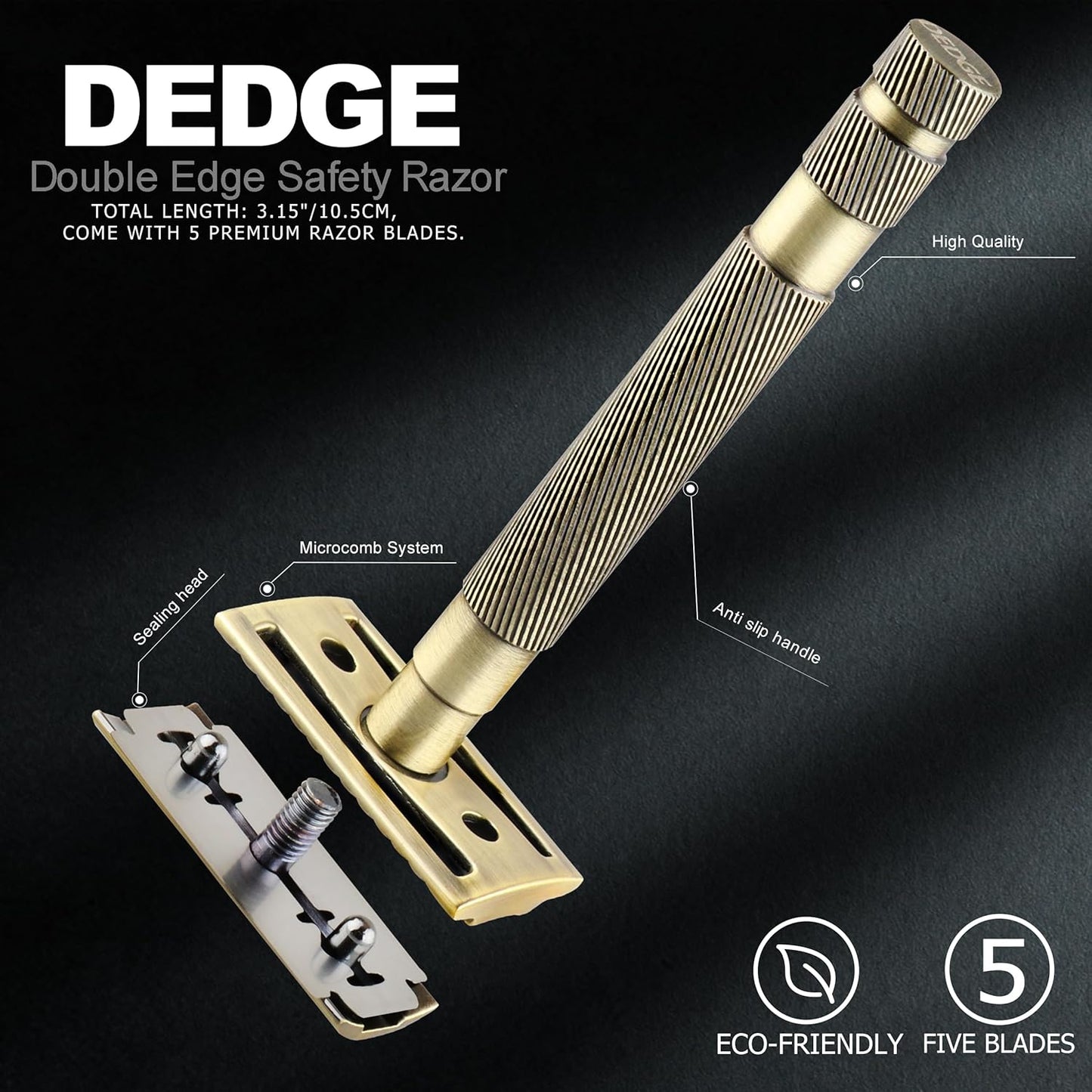 DEDGE Classic Double Edge Safety Razor Single Blade Razor For Men-Reusable Razor-With 5 Premium Razor Blades -Bronze