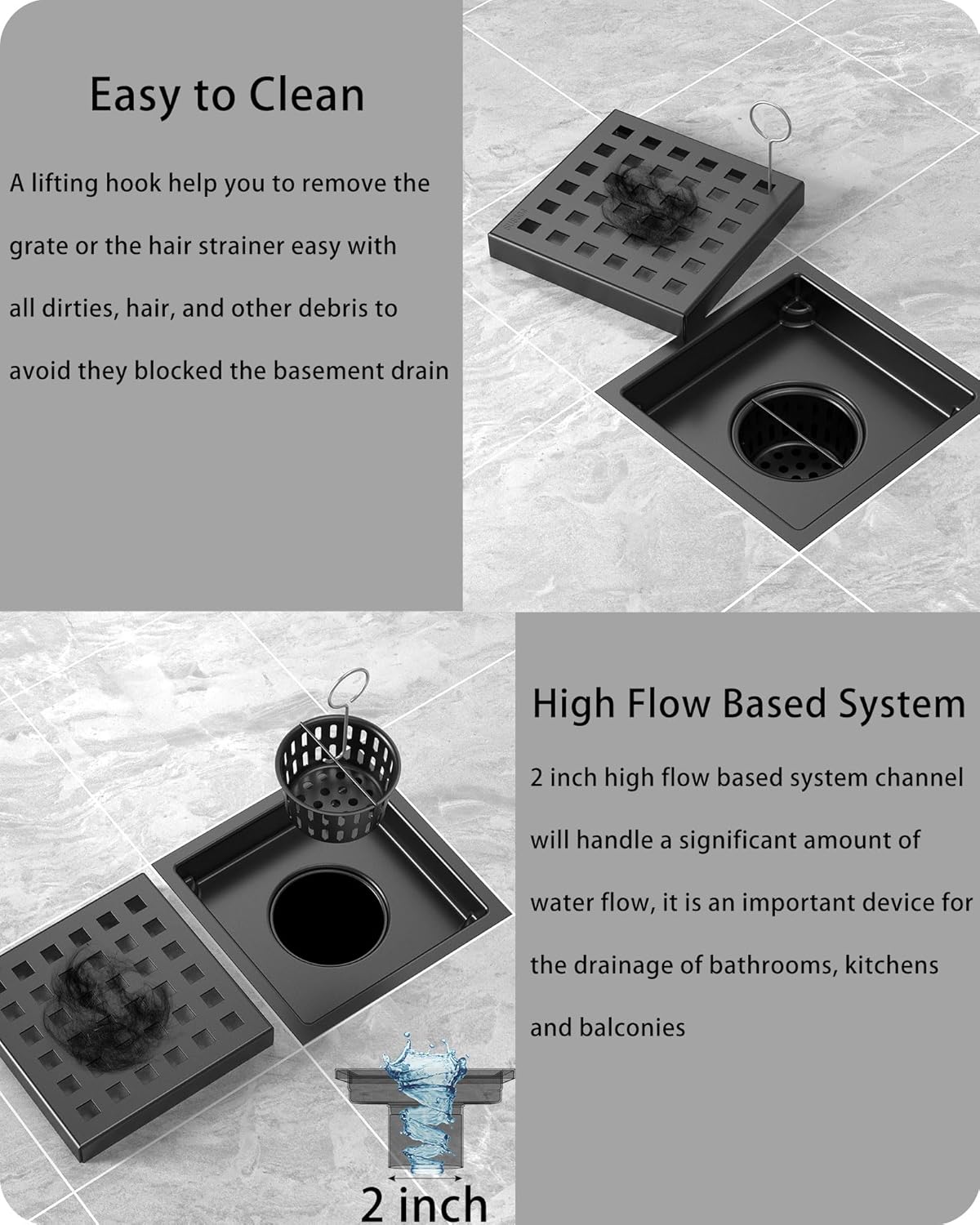 6 Inch Square Shower Drain SUS304 Stainless Steel Bathroom Floor Drain Strainer, Hair Catcher, Anti-Clog, Rust-Resistant, Fast Drainage (Matte Black)