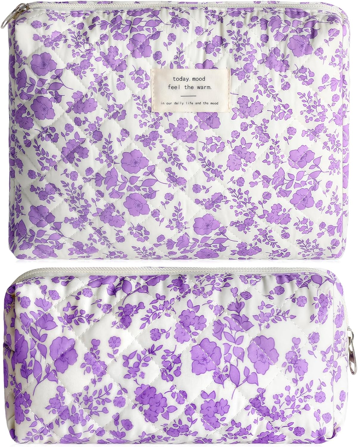 2Pcs Quilted Makeup Bag Set Flower Cute Pencil Case Large Small Travel Makeup Pouch Set for Women Coquette Makeup Bag Aesthetic Cotton Cosmetic Bag Purple Toiletry Organizer Storage Bag Zipper Pouch