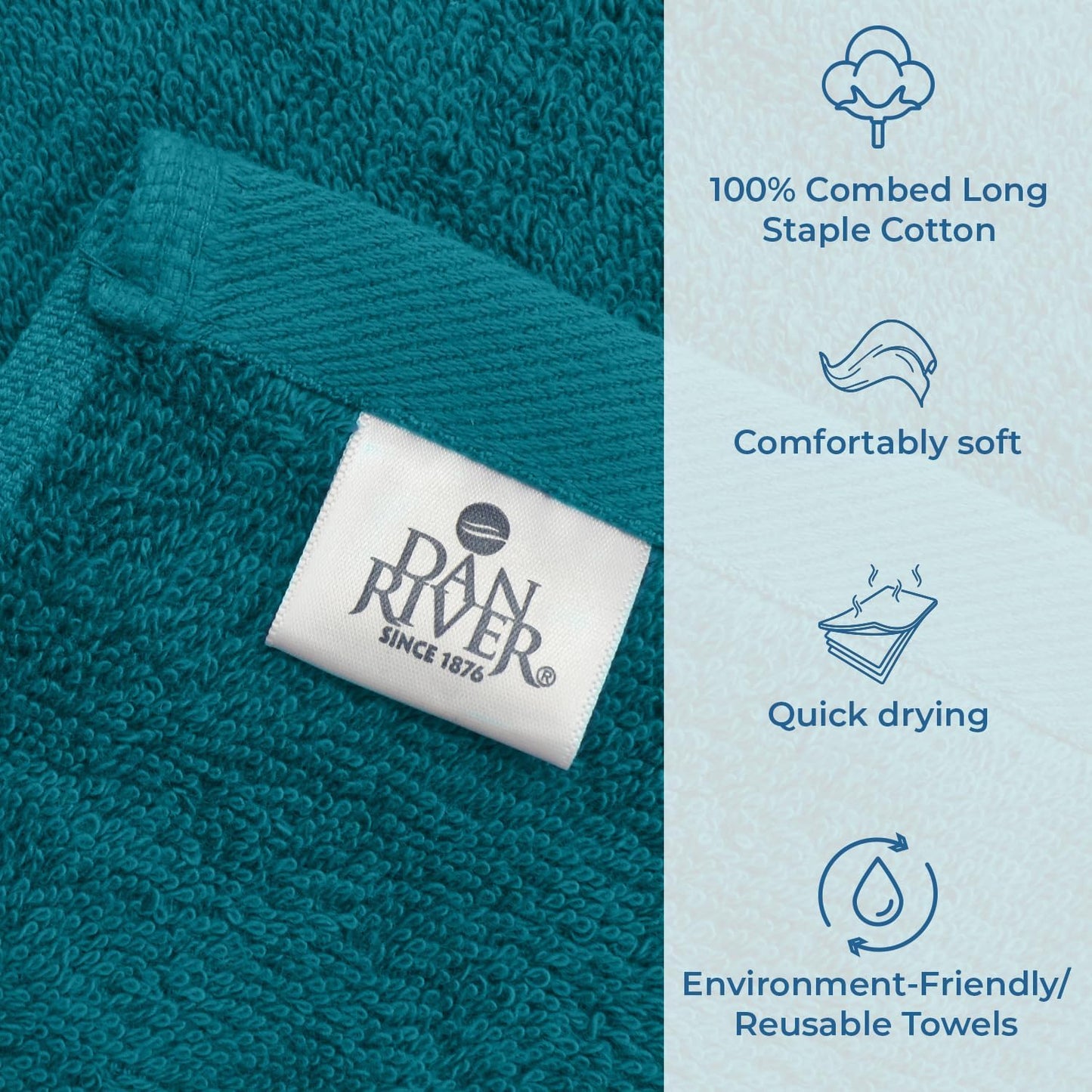 DAN RIVER Bath Towels Set of 4, 27 x 54 Inches, 100% Cotton, Larger & Lighter Weight, Quicker to Dry, Super Soft and Absorbent, Ideal Luxury Bath Towels for Daily Use, Teal
