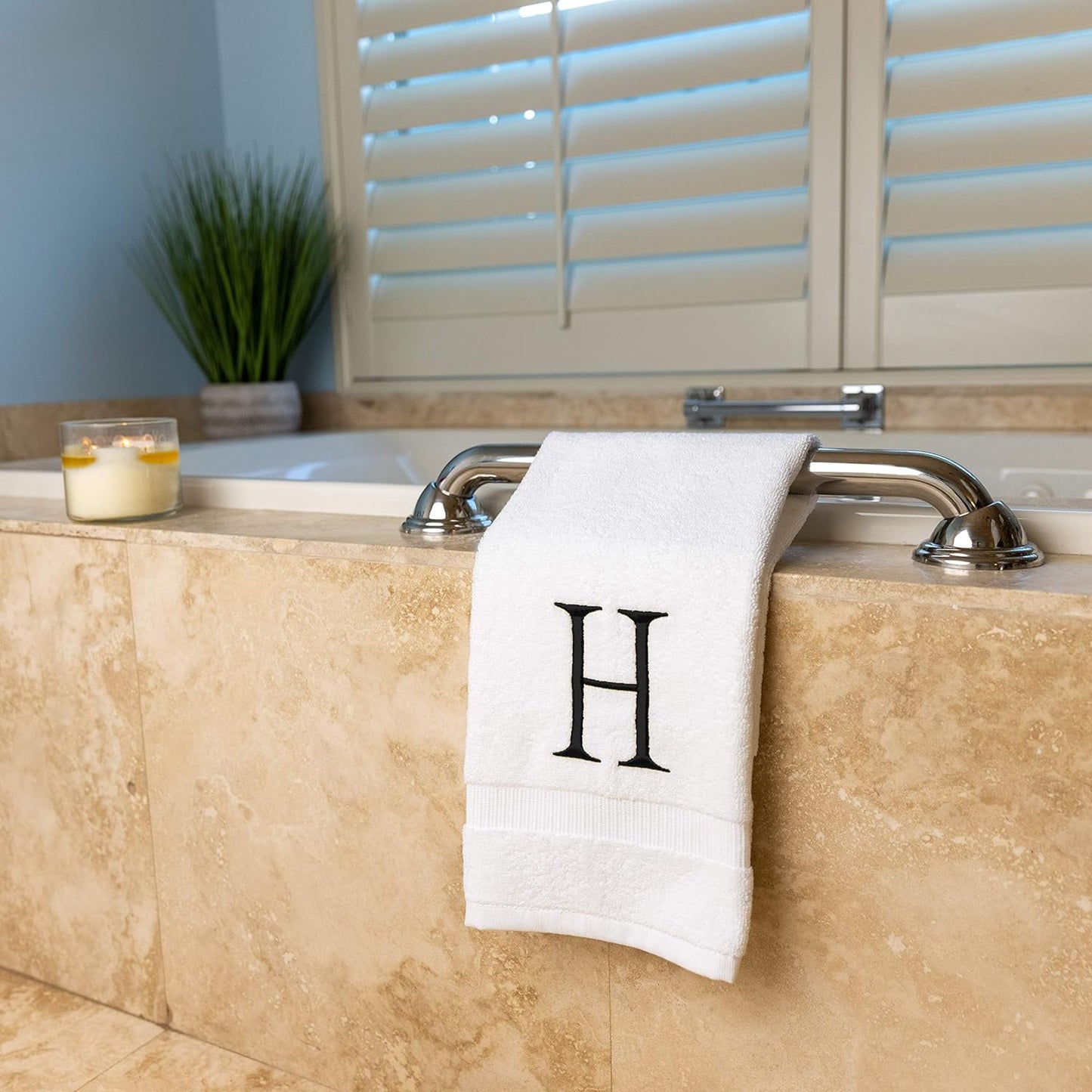 White and Black Monogrammed Hand Towel - Monogram Initial Hotel Quality Decorative Embroidered Luxury Towel for Powder Room, Spa - GOTS Organic Certified - Set of 2 Letter H