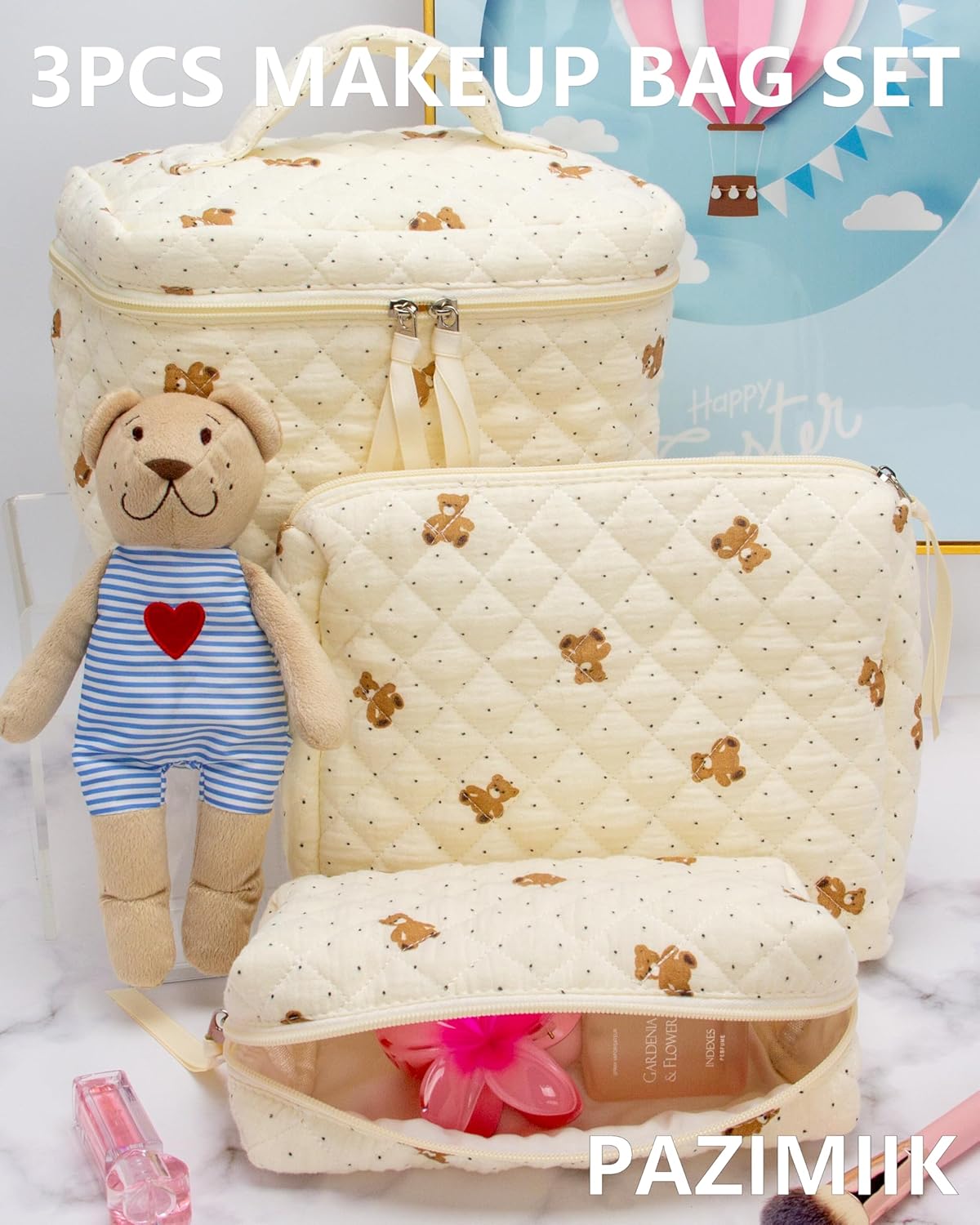 PAZIMIIK 3PCS Makeup Bag SET Large Travel Quilted Zipper Soft Cosmetic Case Pouch for Women Girls Make Up,Gauze Bear