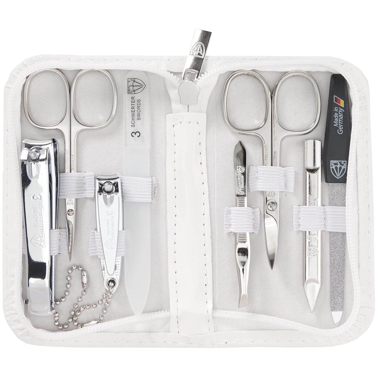 3 Swords Germany - brand quality 8 piece manicure pedicure grooming kit set synthetic leather case white - Made in Germany