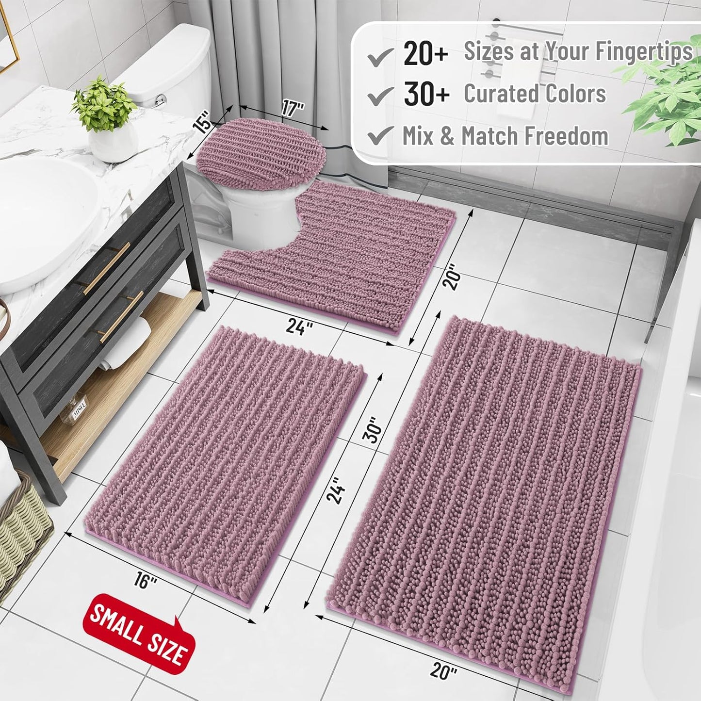 Arotive Luxury Chenille Bathroom Rug Mat, Extra Soft Thick Absorbent Shaggy Bath Rugs, Non-Slip Machine Wash Dry, Plush Bath Mats for Bathroom, Shower and Tub, 30x17, Deep Plum