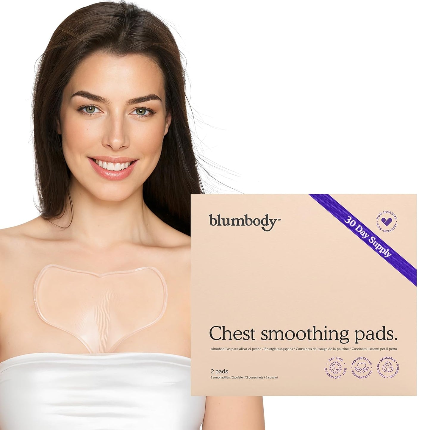 BLUMBODY Chest Wrinkle Pads – Anti-Wrinkle Silicone Patches Skin Firming, Smoothing – Reusable Overnight Chest Pads – Anti-Aging Crepe Erase Pad – Neck, Décolleté (1-Month Supply)
