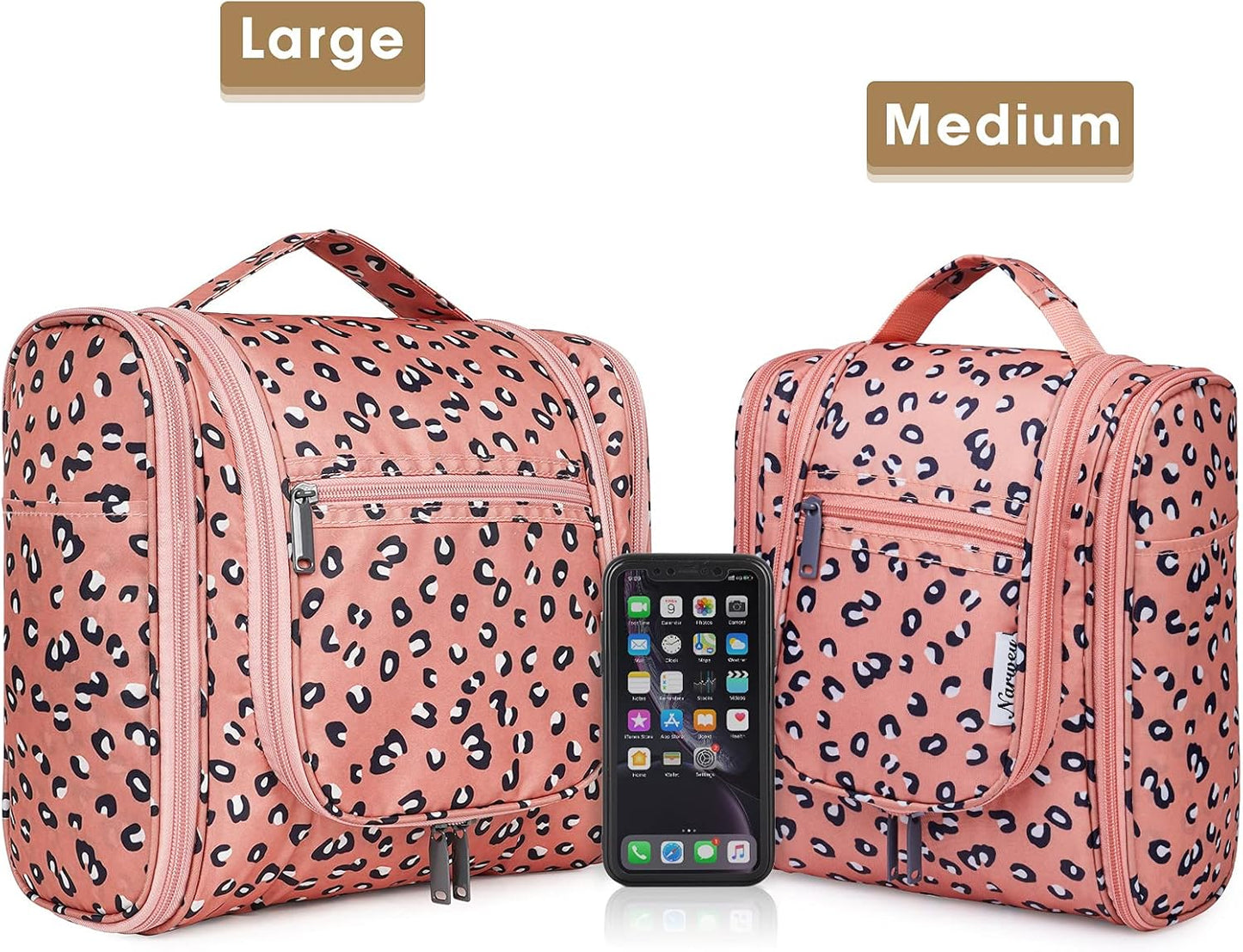 Narwey Hanging Cheetah Toiletry Bag for Women Travel Makeup Bag Organizer Toiletries Bag for Cosmetics Essentials Accessories (Large, Orange Leopard)