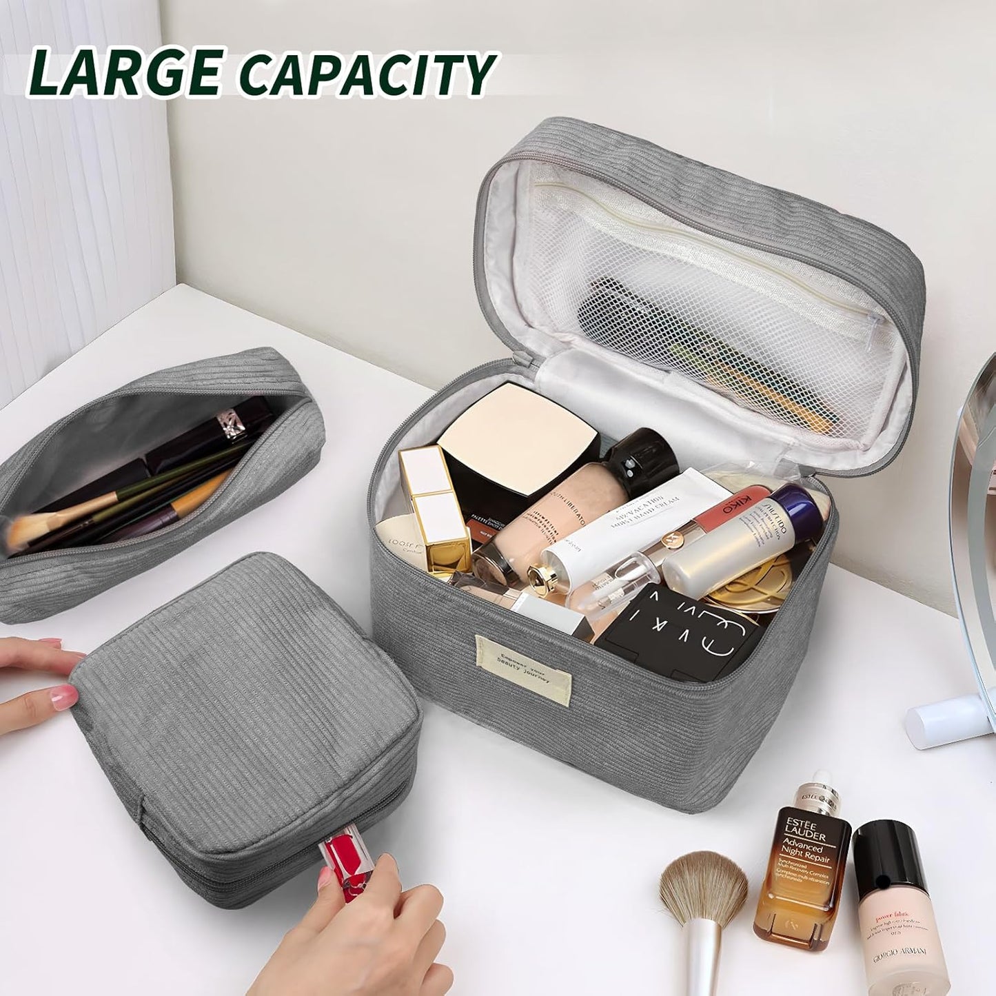 4 Pcs Makeup Bag for Women Corduroy Cosmetic Bag Aesthetic Cute Bags Multi Size Purse Pouch Travel Toiletry Bag Set Makeup Organizer with Zipper (08-Gray)