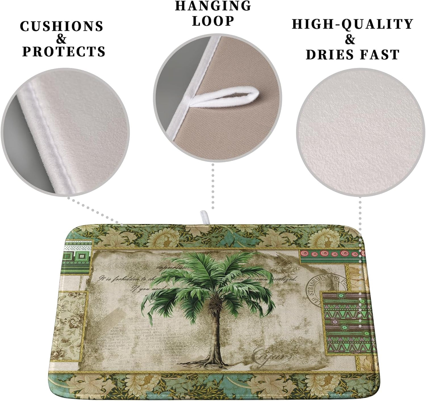 Palm Tree Kitchen Dish Drying Mat for Dishes 18x24 Inch Summer Vintage Tropical Leaves Green Jungle Plant Drying Mat Botanical Dish Drainer Mat Super Absorbent Dish Rack Pad for Coffee Bar Sinks