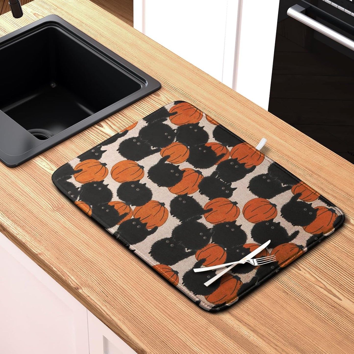 Happy Halloween Dish Drying Mat for Kitchen Counter 18x24 Inch Cute Pumpkin Black Cat Trick or Treat Drying Mats Large Microfiber Absorbent Dish Rack Pad for Coffee Bar Sinks Home Accessories