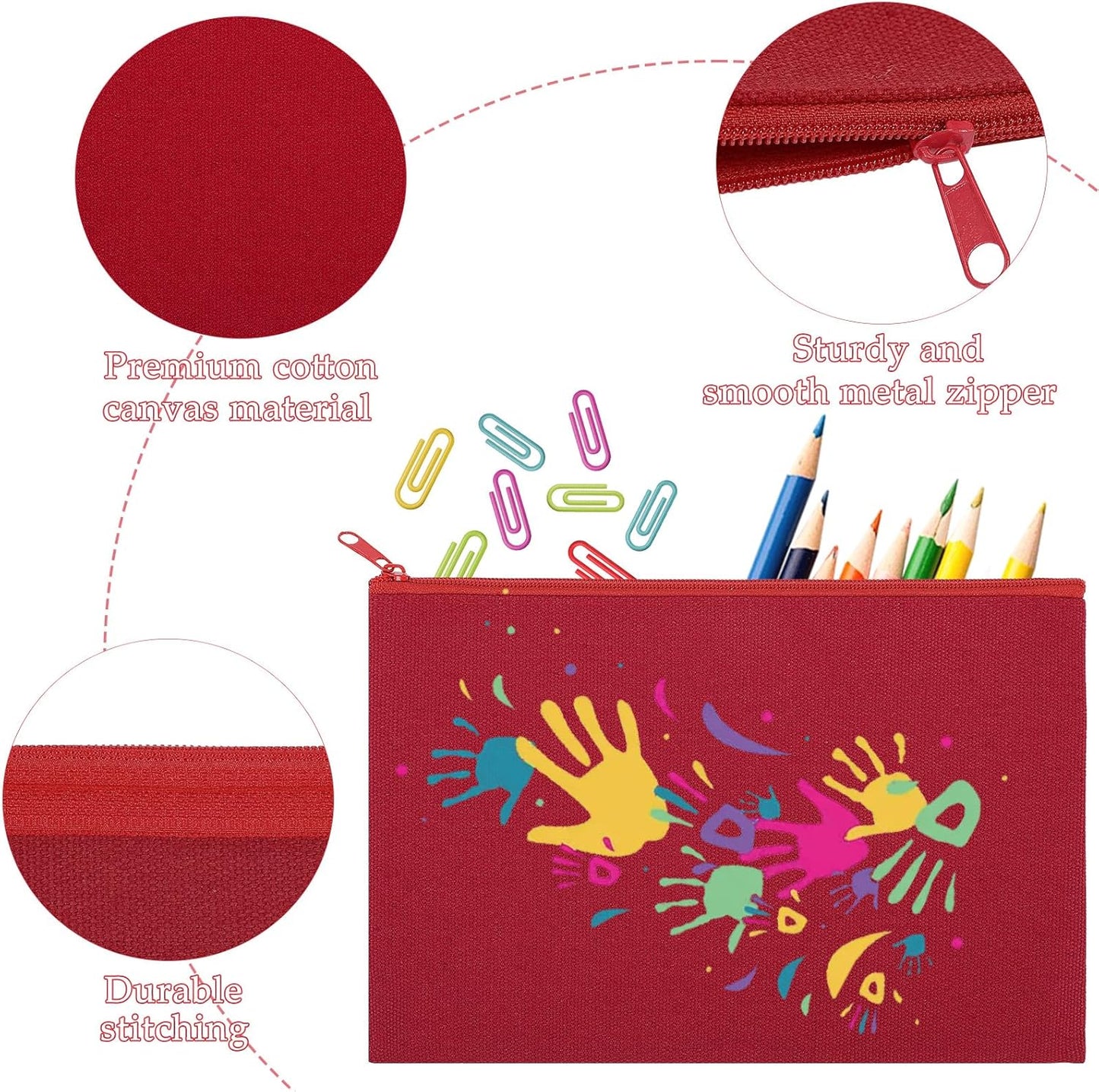 12 Pieces Cotton Canvas Makeup Bag, Multipurpose Cosmetic Bag with Zipper Travel Toiletry Pouch, Blank DIY Craft Bag (Red, M)