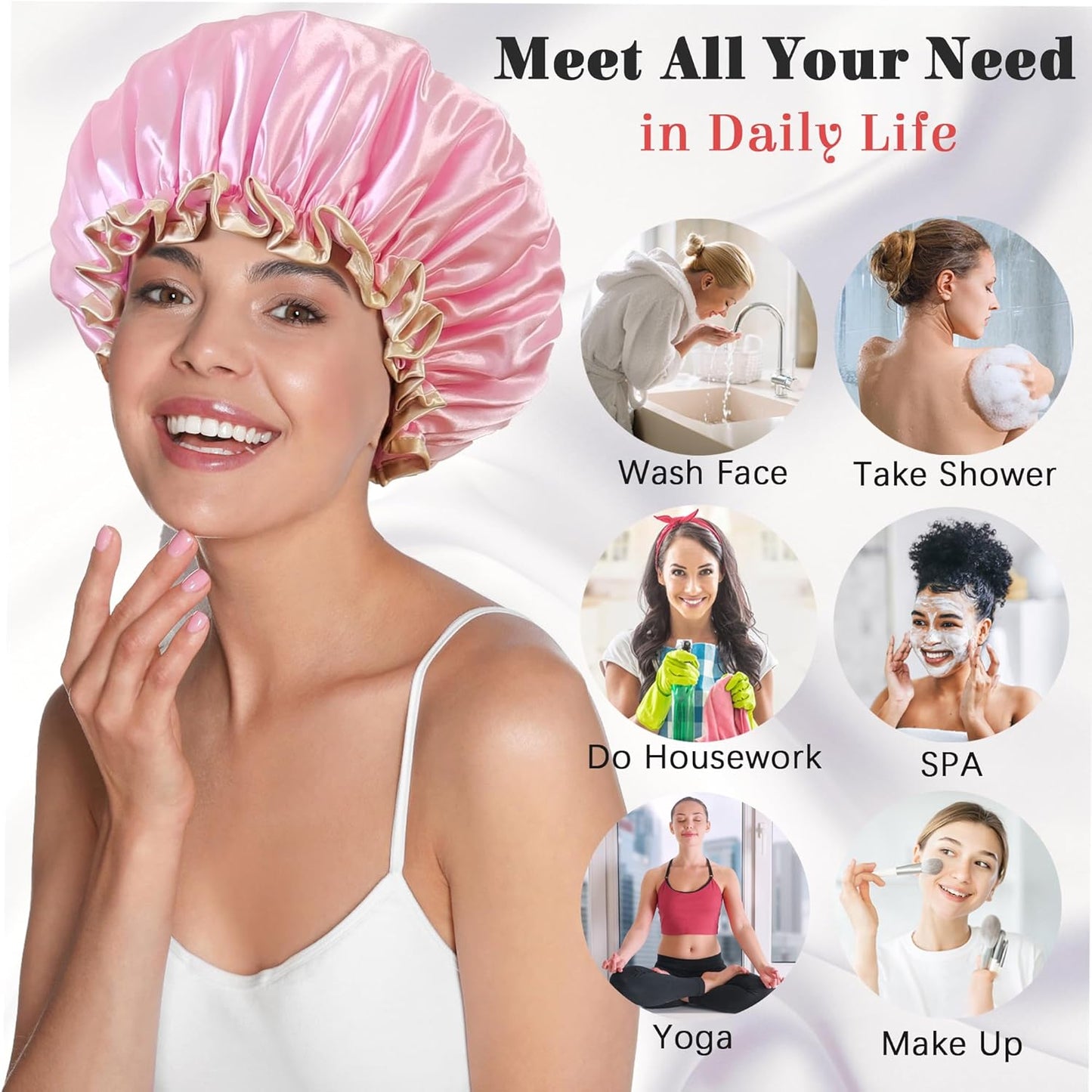 Shower Cap Reusable Waterproof, Large Shower Cap for Women, Shower Caps for Braids Long Hair, Double Layer Satin Plastic Hair Cap for Shower