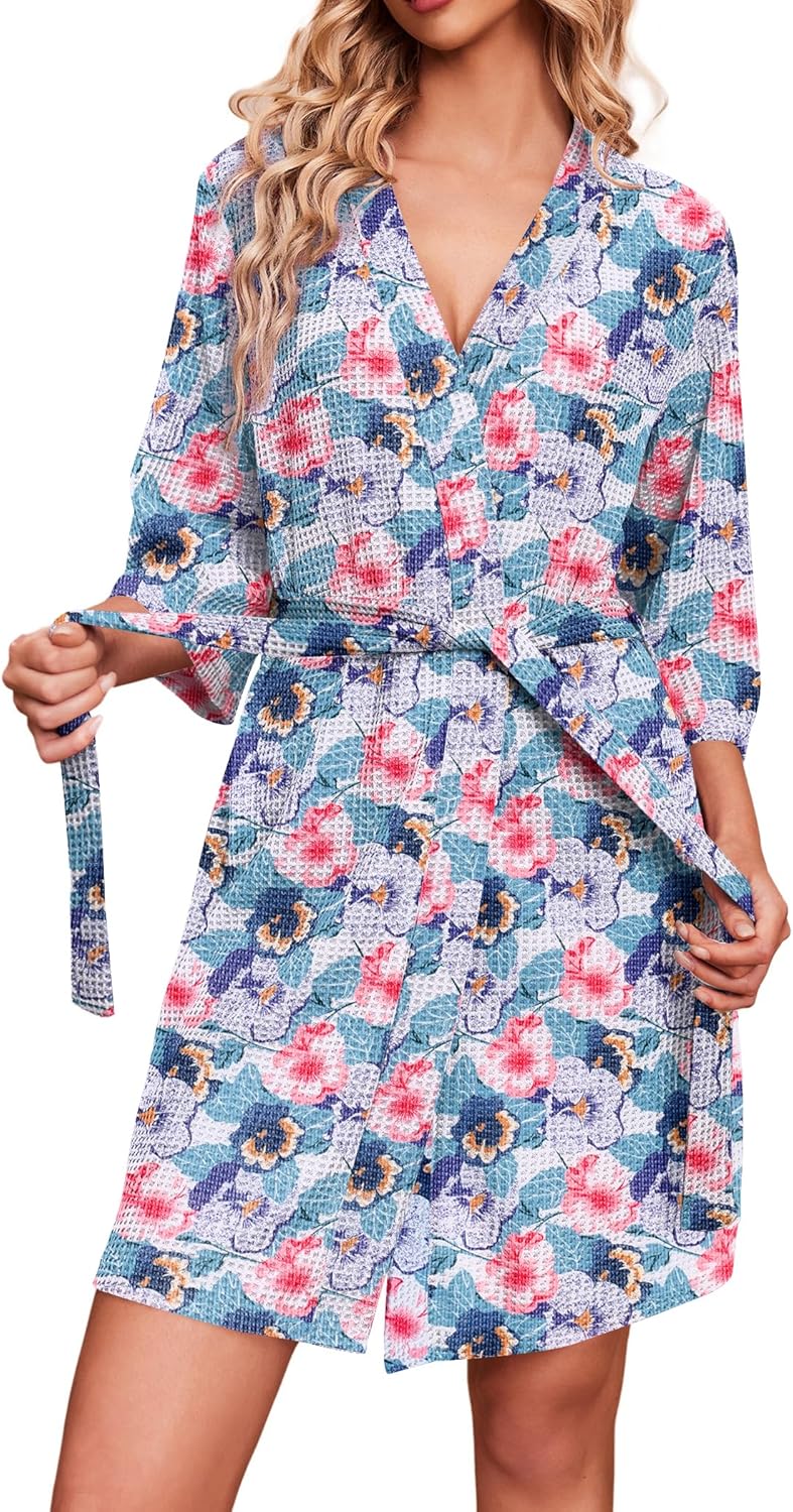 Ekouaer Robes for Women Waffle Knit Bathrobe Soft Lightweight Knee Length Loungewear S-XXL
