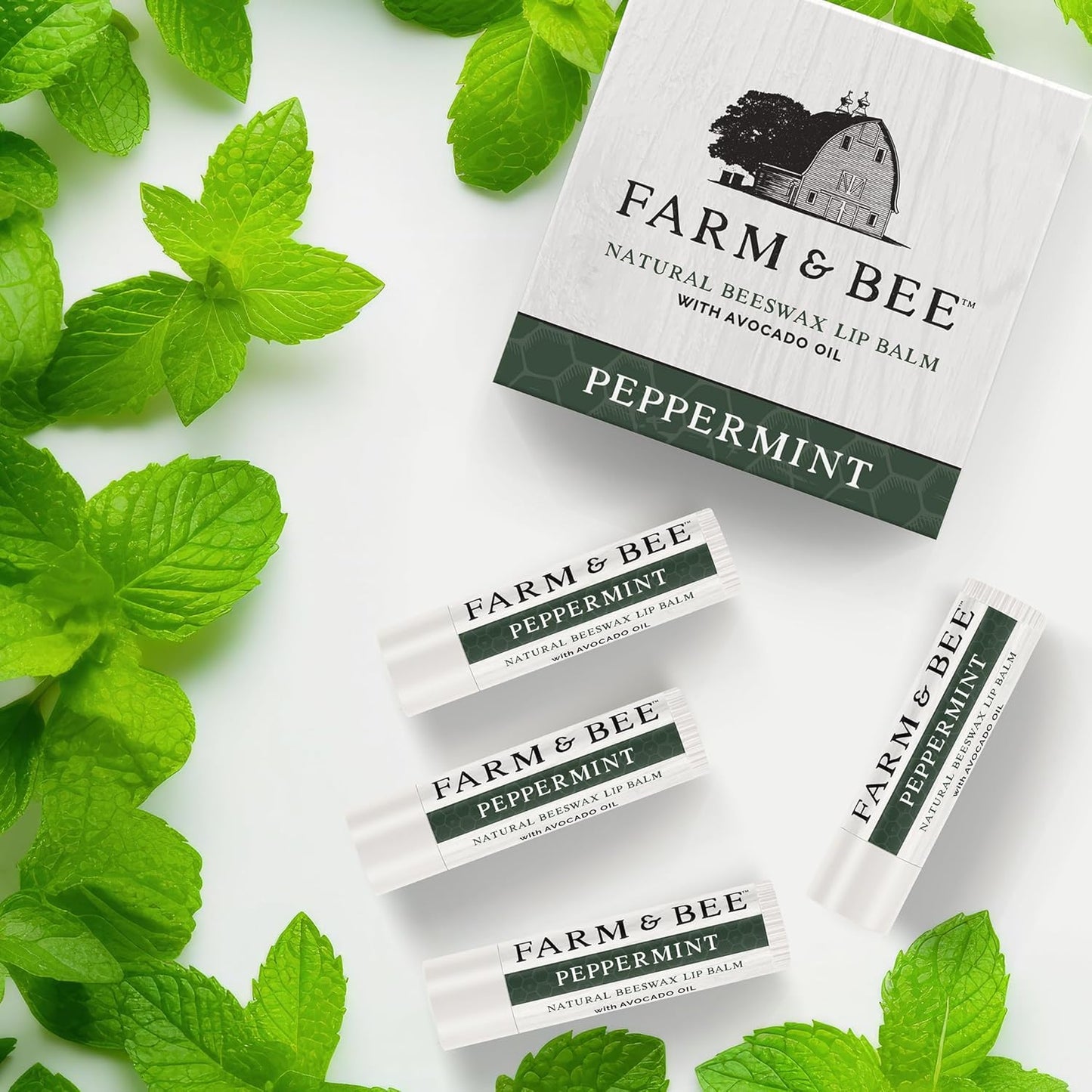 Natural Lip Balm - Organic & Natural Ingredients - Beeswax Based Moisturizing Lip Care Chapstick for Chapped Lips - Great Gift Idea - Farm & Bee - 0.15oz (Pack of 4 - Peppermint)
