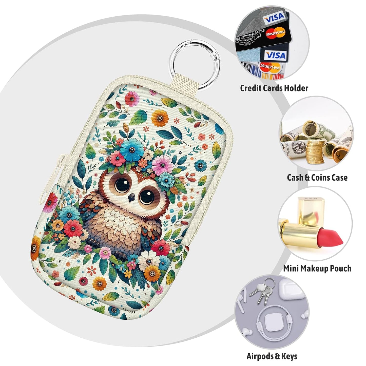 Owls Floral Hand Sanitizer Spray Case, Hand Sanitizer Holder Zippered Pouch, Cute Fashion Accessory with Snap Hook for Glow Mist and Power Mist 1FL OZ