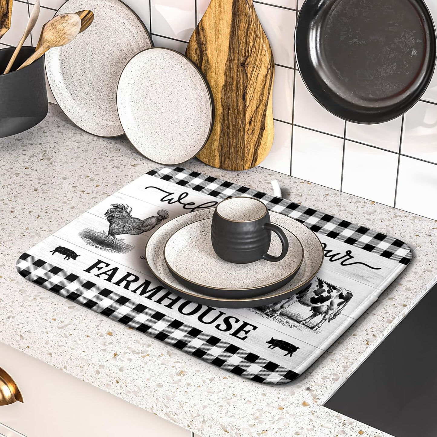 Farmhouse Barn Dish Drying Mat 16x18 Inch Cow Rooster Absorbent Microfiber Dish Drainer Rack Pad Bottles Protector for Kitchen Counter