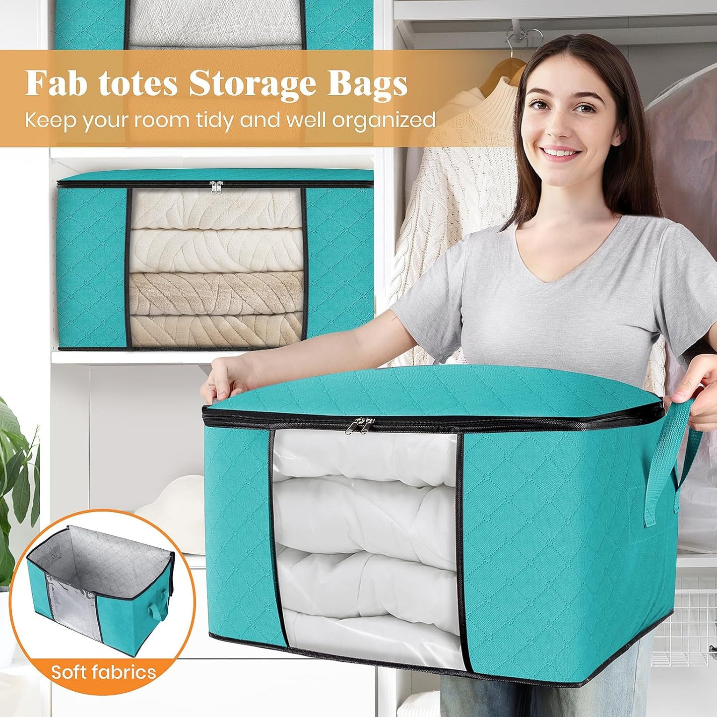 Fab totes 6 Pack Clothes Storage, Foldable Thick Fabric Blanket Storage Bags, Containers for Organizing Bedroom, Closet, Clothing, Comforter,Closet Organization with Handle,Green