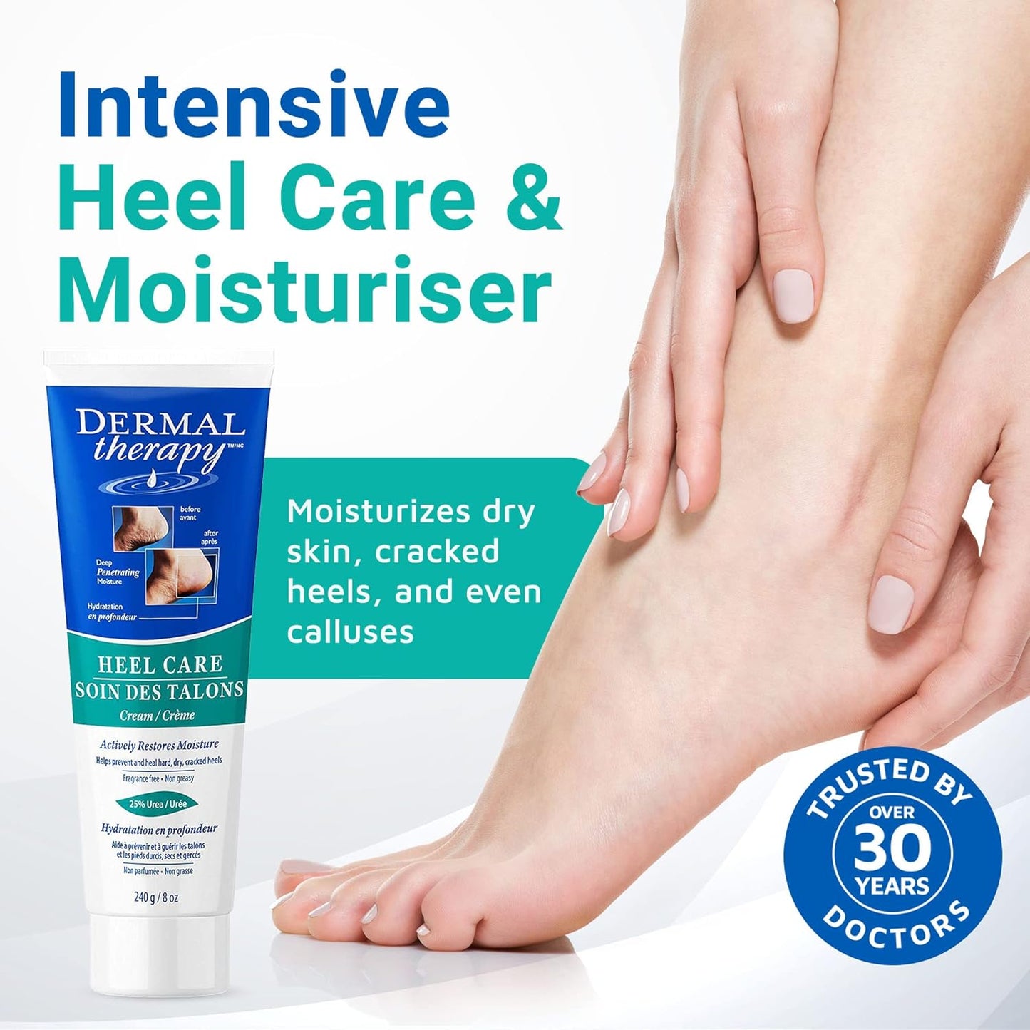 Dermal Therapy Heel Care Cream - Deeply Moisturizes & Repairs with Intensive Cracked Heel Cream - 25% Urea, 6% AHA & Silk Amino Acids for Soft Skin - Fast Results & Non-Greasy Formula - 8 oz / 240 ml