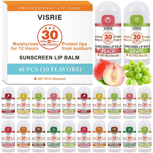 SPF 30 Mini Sunscreen Lip Balm, SPF Lip Balm Bulk 40 Count, Travel Sunscreen with Vitamin E and Coconut Oil- 10 Flavors