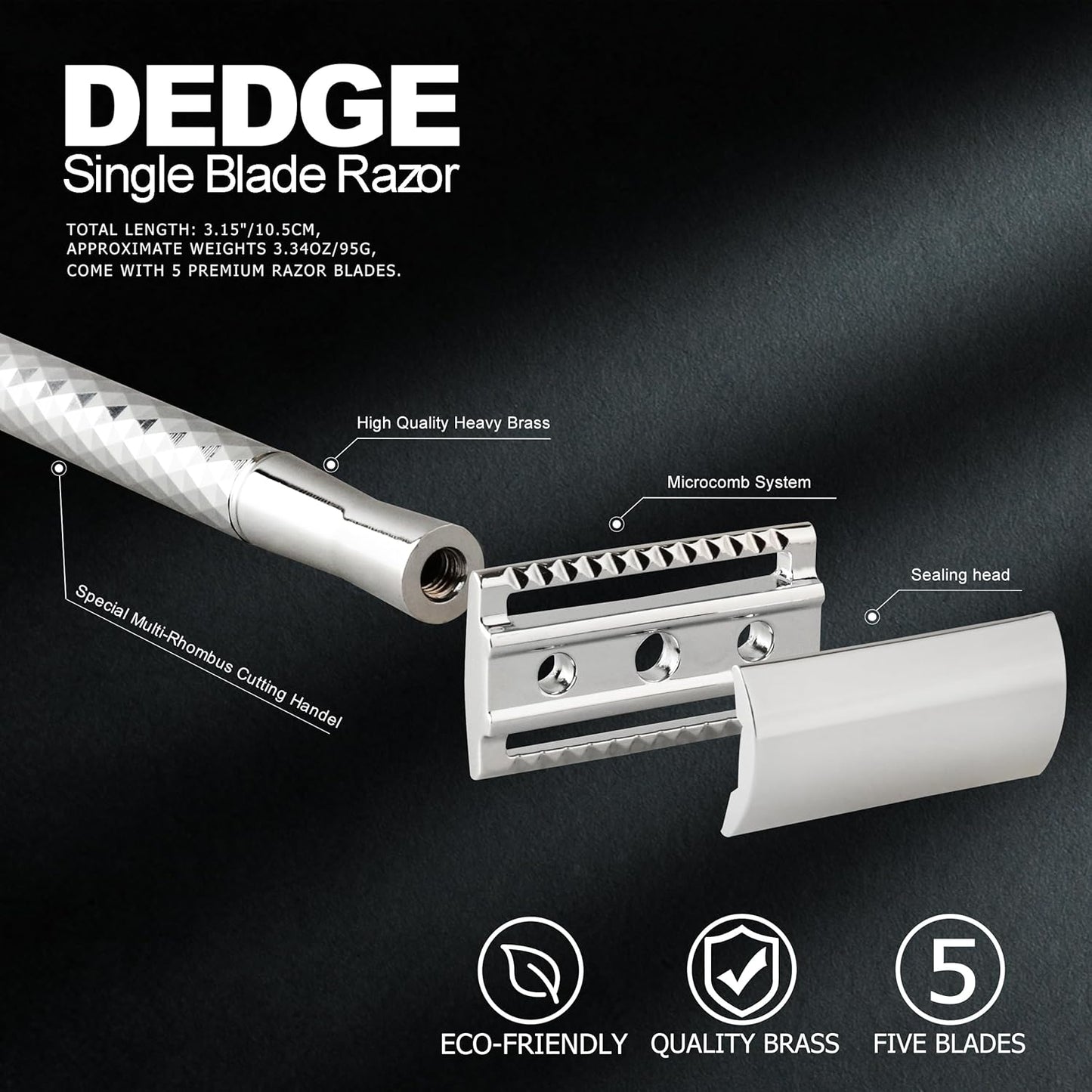 DEDGE Double Edge Eco Safety Razor Single Blade Razor for Women, Reusable Razor, with 5 Premium Razor Blades (Twinkling Silver)