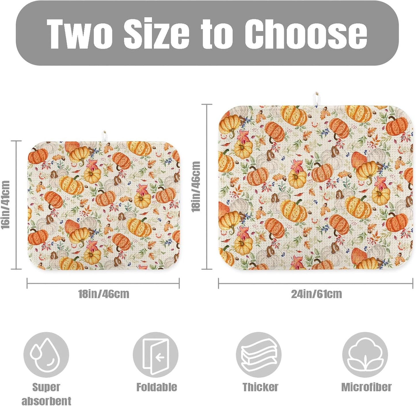 Dish Drying Mat for Kitchen Counter Large 16" x 18" Fall Pumpkin Absorbent Microfiber Dishes Drainer Rack Mats Pad Reusable Washable