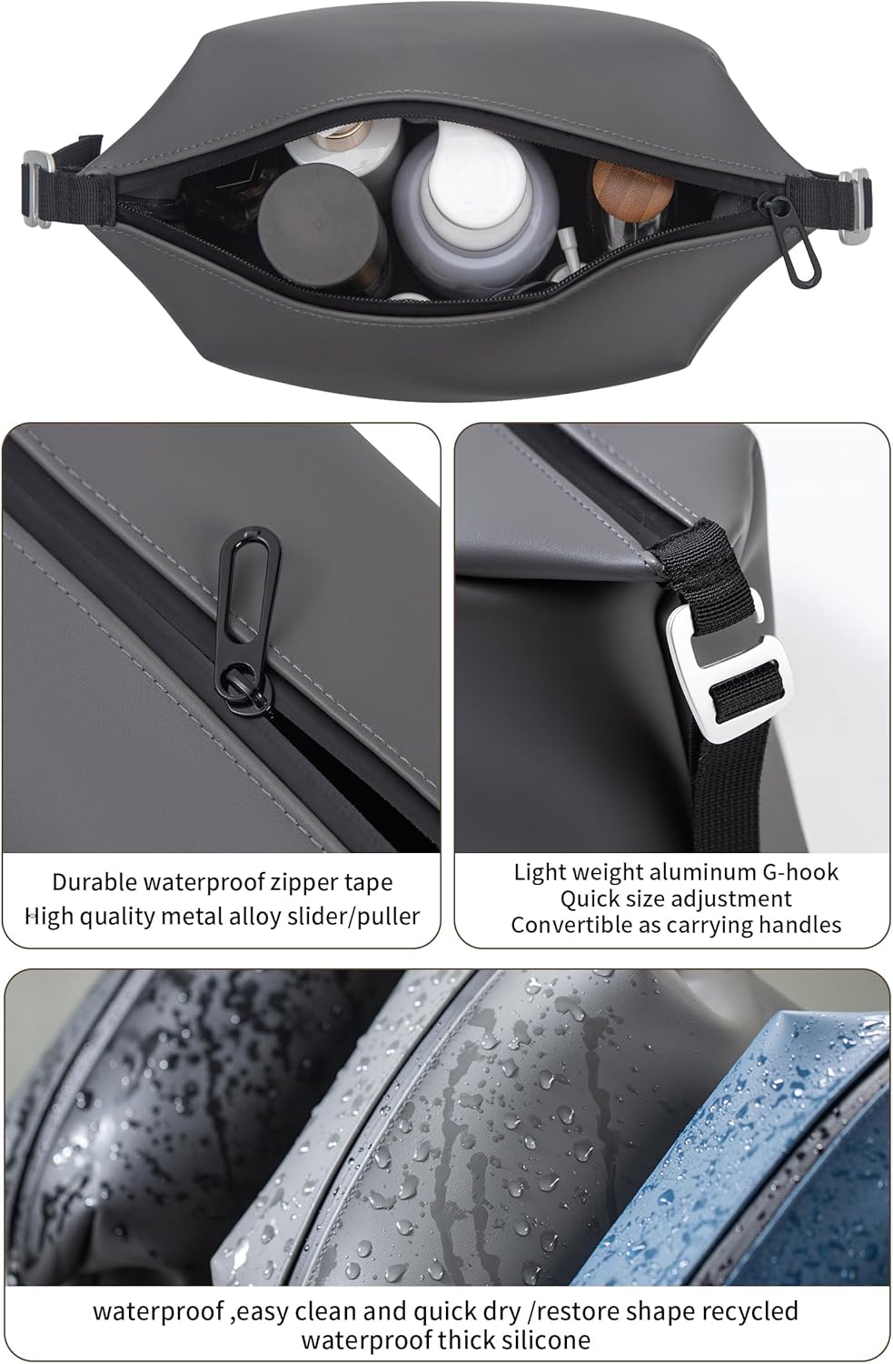 6"x 11" 6L Large Silicone Toiletry Bag,Waterproof Leakproof Foldable Travel Organizer,Dopp Kit Alternative for Men & Women,Grey