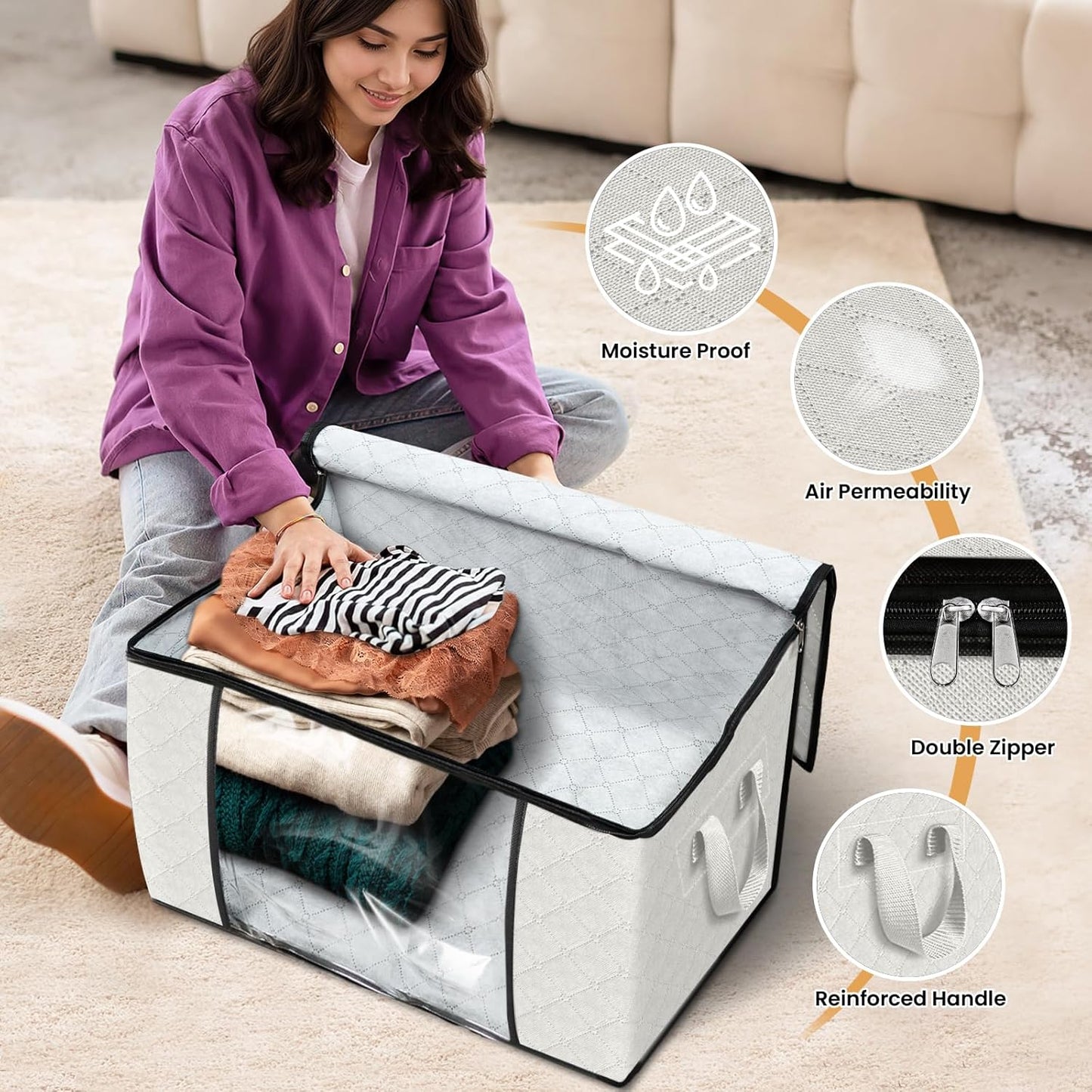 Fab totes 24 Gallons Clothes Storage, Foldable Thick Fabric Blanket Storage Bags, Containers for Organizing Bedroom, Closet, Clothing, Comforter, Organization with Handle (8 Pack,Ivory)