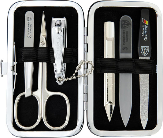 3 Swords Germany - Brand Quality 6 Piece Manicure Pedicure Grooming kit Set - Scissors, Metal and Glass Nail File, Clipper, Tweezers with Synthetic Leather case - Chequered