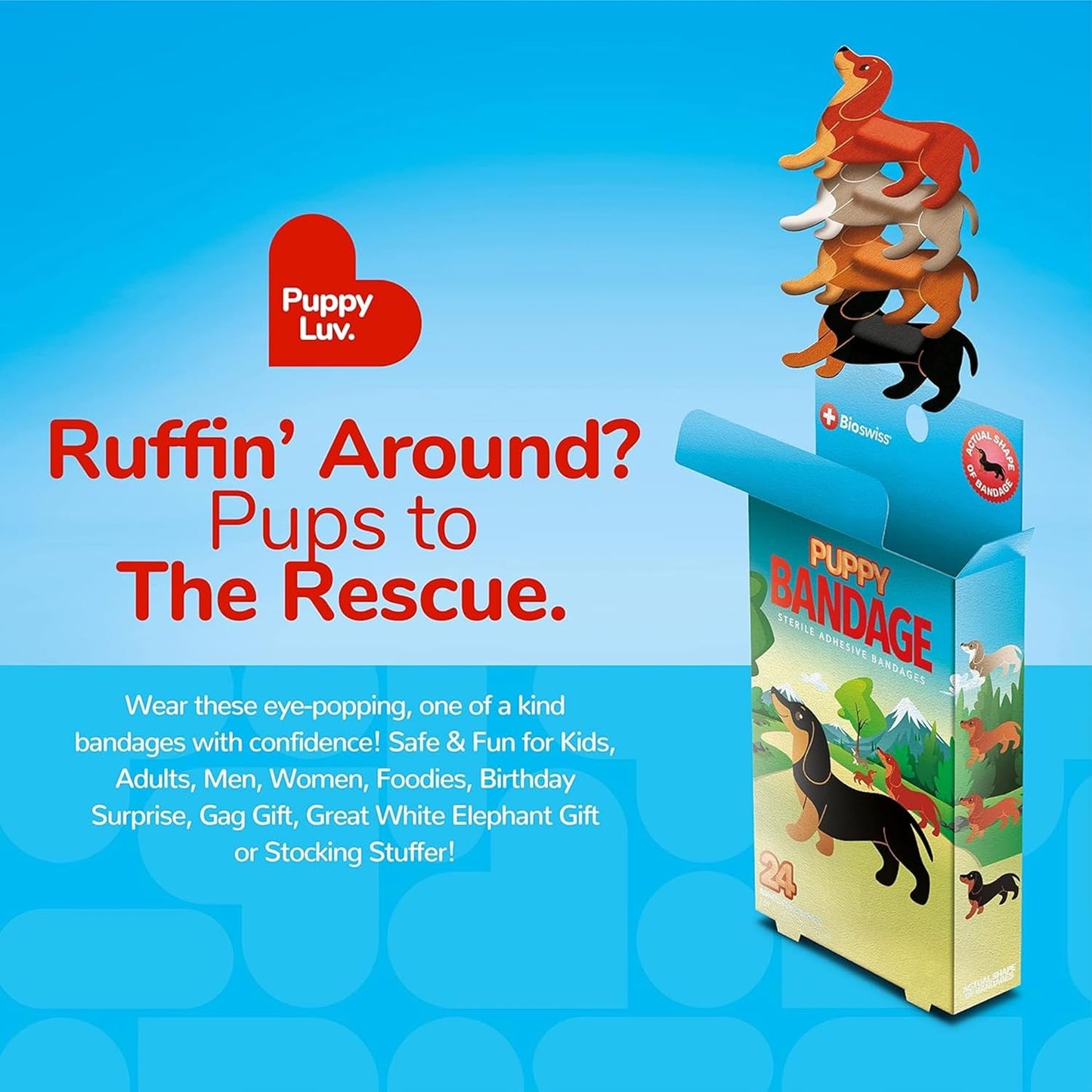 BioSwiss Kids Bandages, Weiner Dog Shaped Self Adhesive Bandage Set, Latex Free, Sterile Wound Care, 24 Count