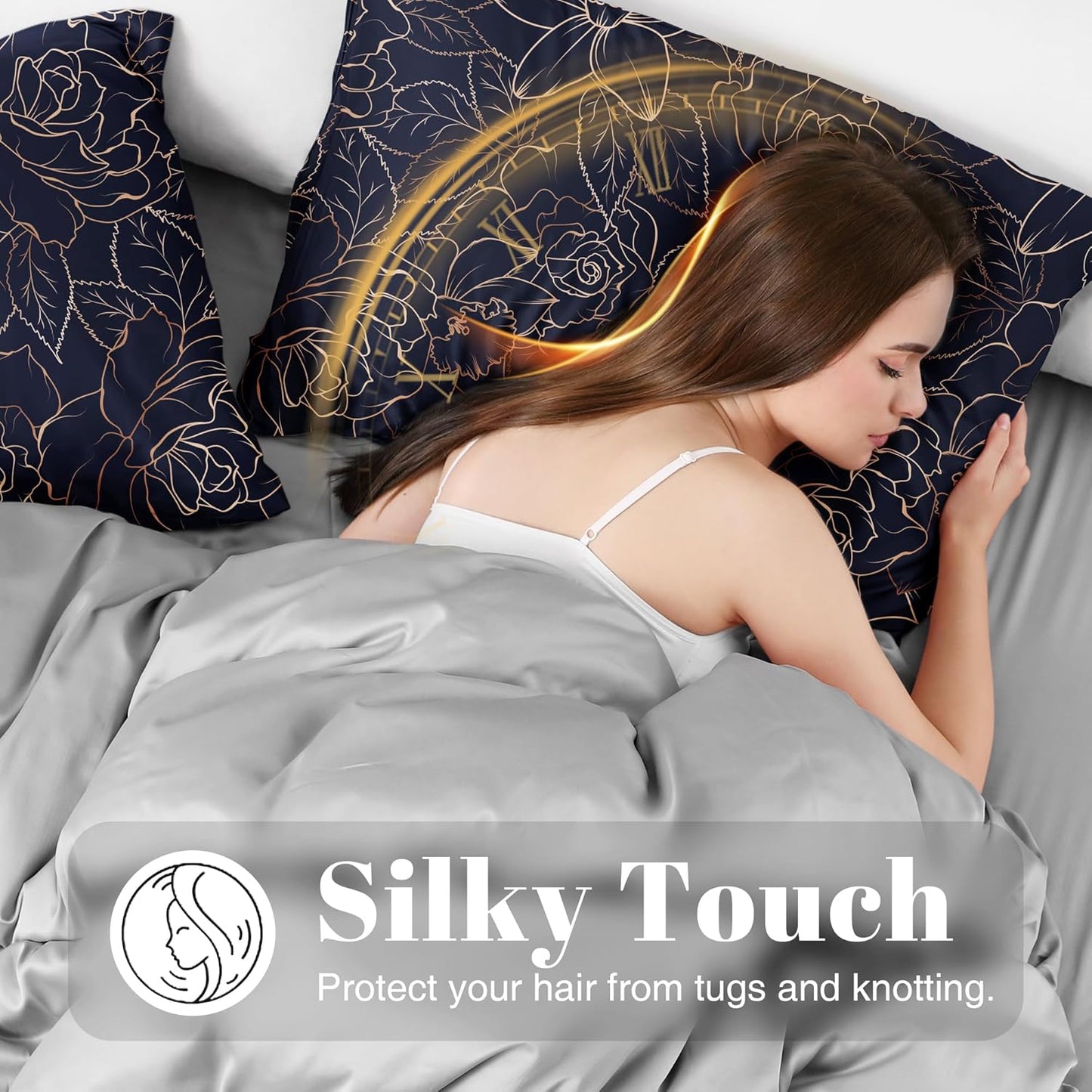 EXQ Home Satin Pillowcase for Hair and Skin- Rose on Blue Silk Pillowcase 2 Pack 20x26 inches - Standard Size Pillow Cases with Envelope Closure, Gifts for Women