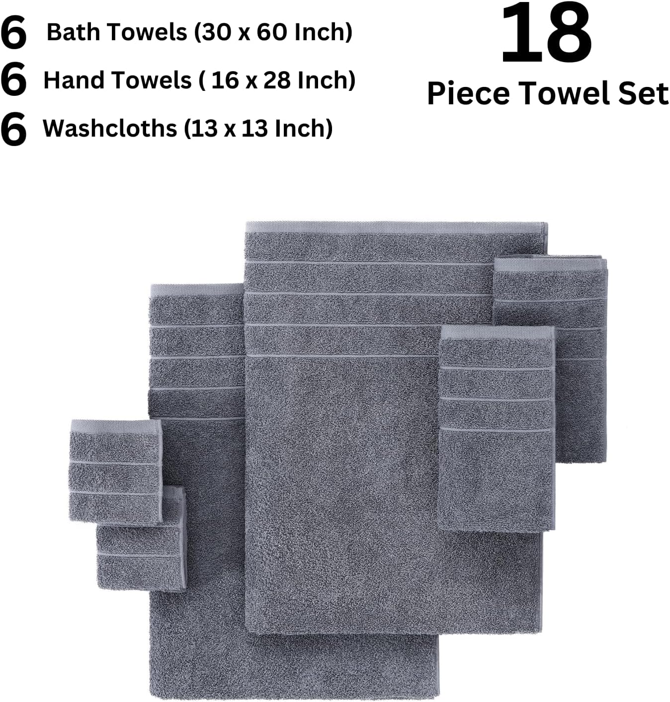 Casa Platino 100% Cotton Luxury Bathroom Towel Set - 18 Pc - Ring Spun, Quick Dry, Soft & Highly Absorbent - 6 Bath, 6 Washcloths, 6 Hand Towels - Remains Plush After Multiple Washes - Cool Grey