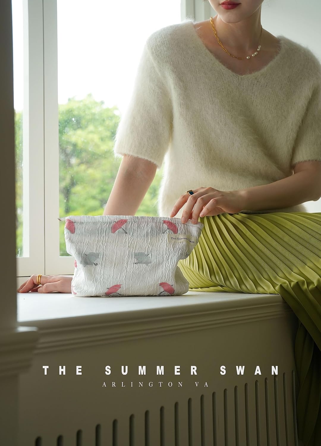 The Summer Swan | Large Aesthetic Floral Mid-day Clutch Period Kit Hygiene Skincare Cute Makeup Bag (Umbrella White)