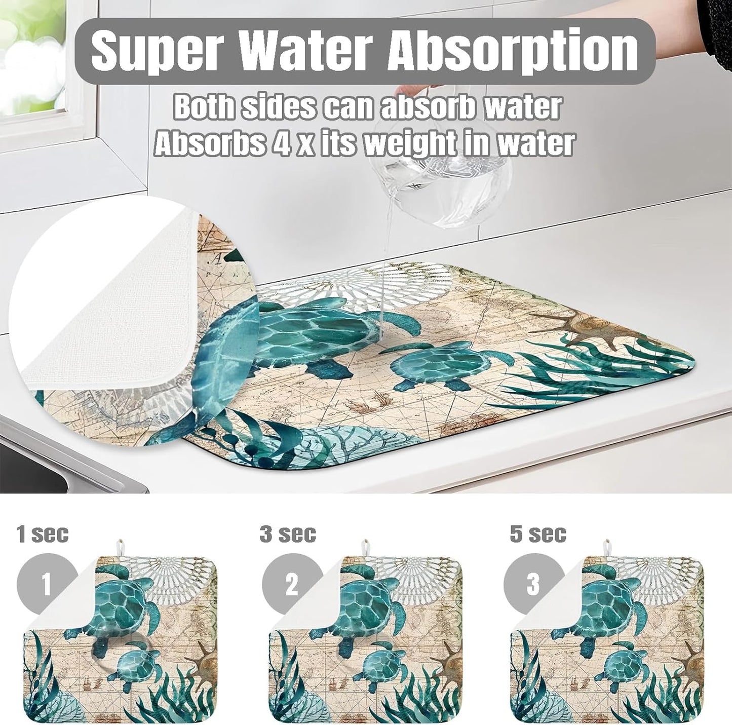 Dish Drying Mat for Kitchen Counter Large 18" x 24" Seaturtle Absorbent Microfiber Dishes Drainer Rack Mats Pad Reusable Washable